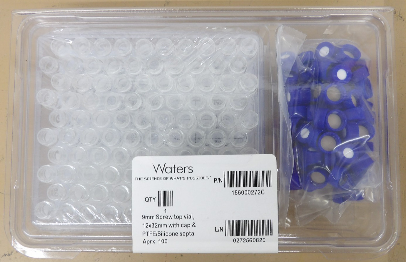 Waters 186000272C 9mm Screw top Vial 12x32mm w/cap, PTFE/Silicone Septa Qty 100