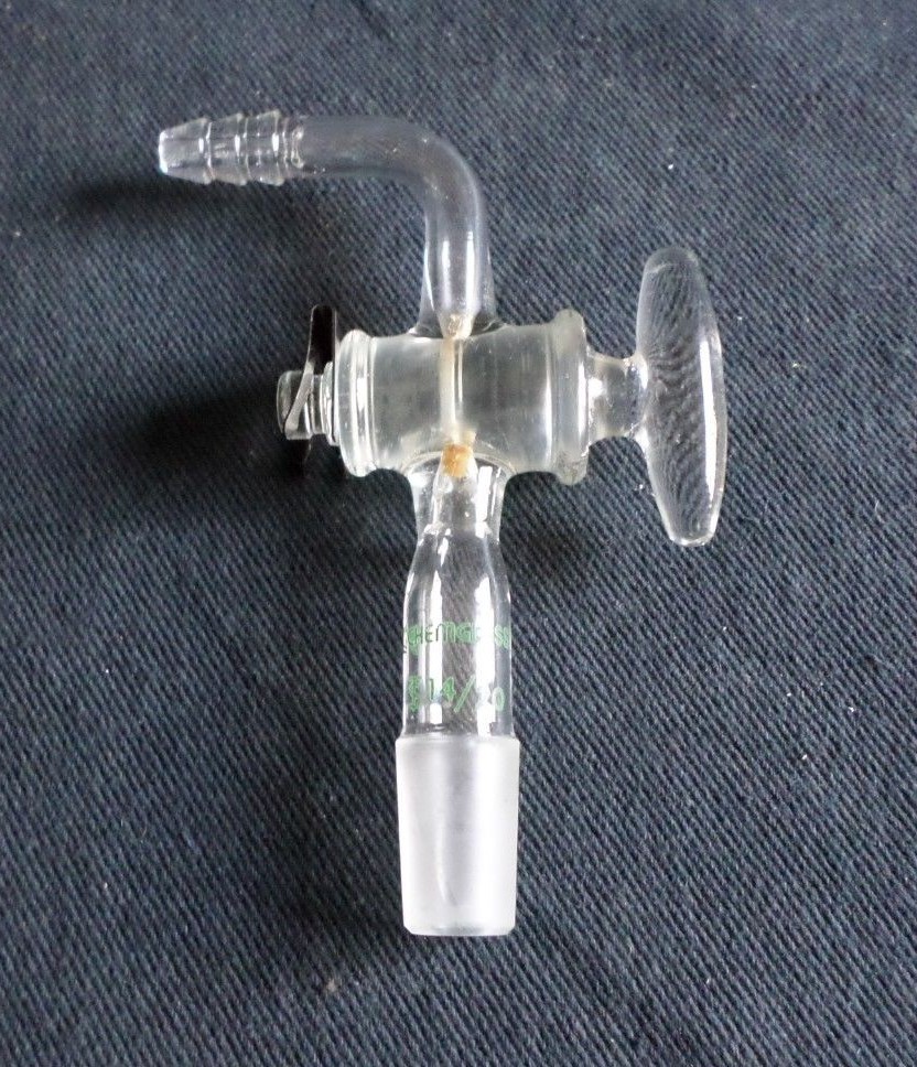 Chemglass 14/20 Glass 90° Flow Control Inlet Adapter, Stopcock, Clip, CG-1028-14