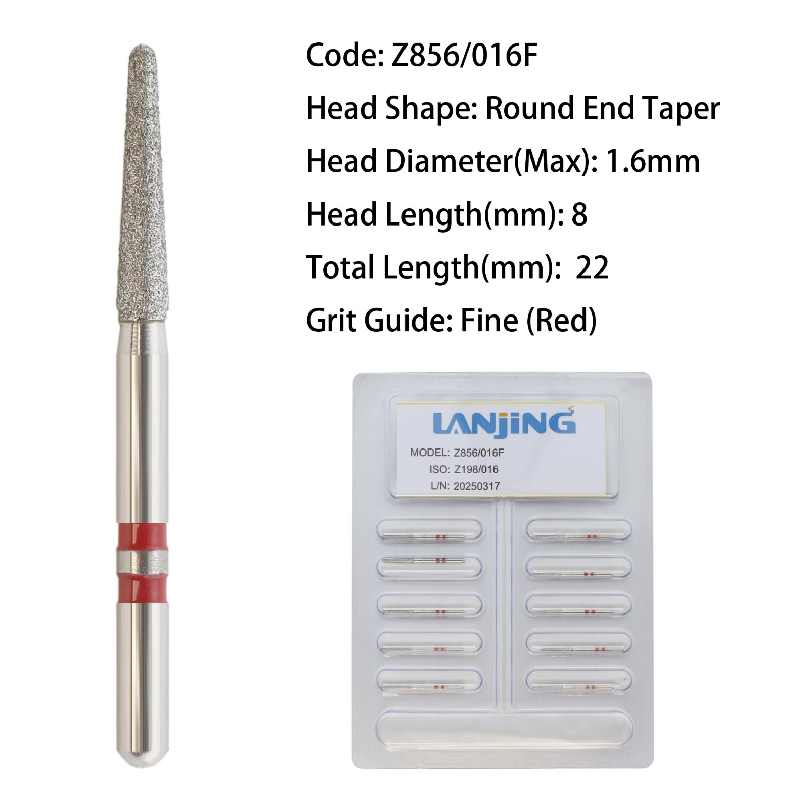 Zirconia Adjustment Dental Diamond Burs Z856/016F Round End Taper High Speed FG