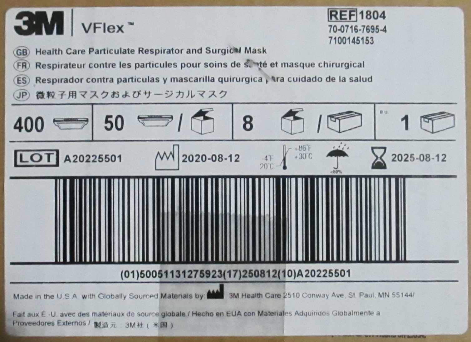 3M VFlex Healthcare Particulate Respirator and Surgical Mask 1804 NIOSH: N95