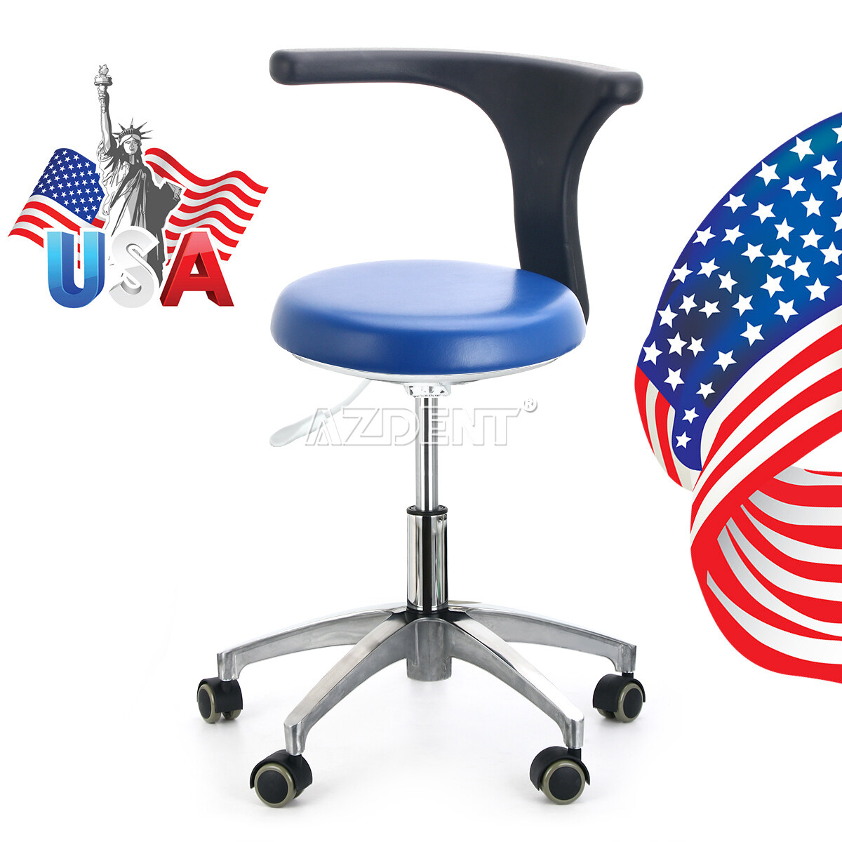 AZDENT Dental Assistant Stool Adjustable Dentist Mobile Chair PU Leather Blue