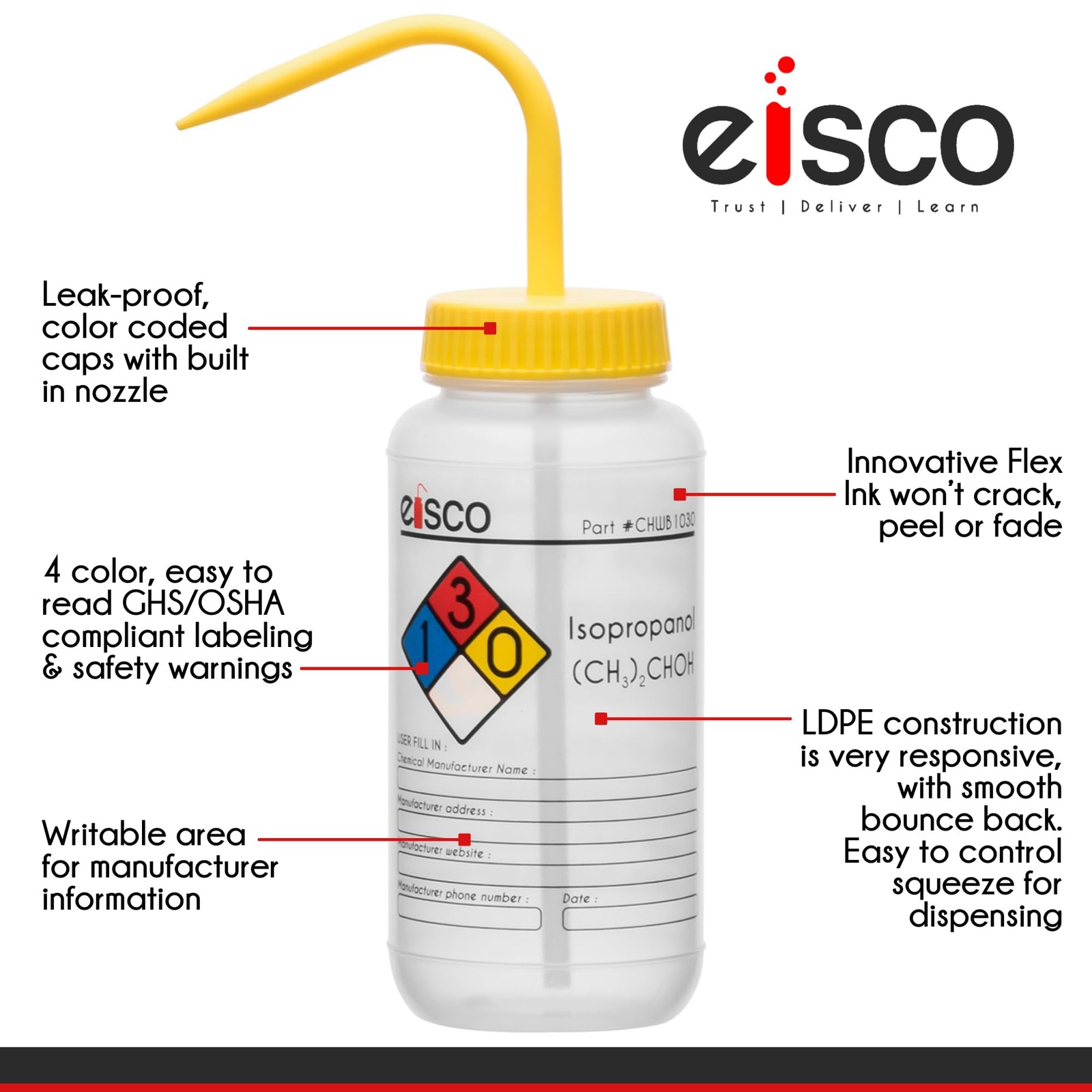6PK Wash Bottle for Isopropanol, 500ml – Labeled with Color Coded Chemical & Saf