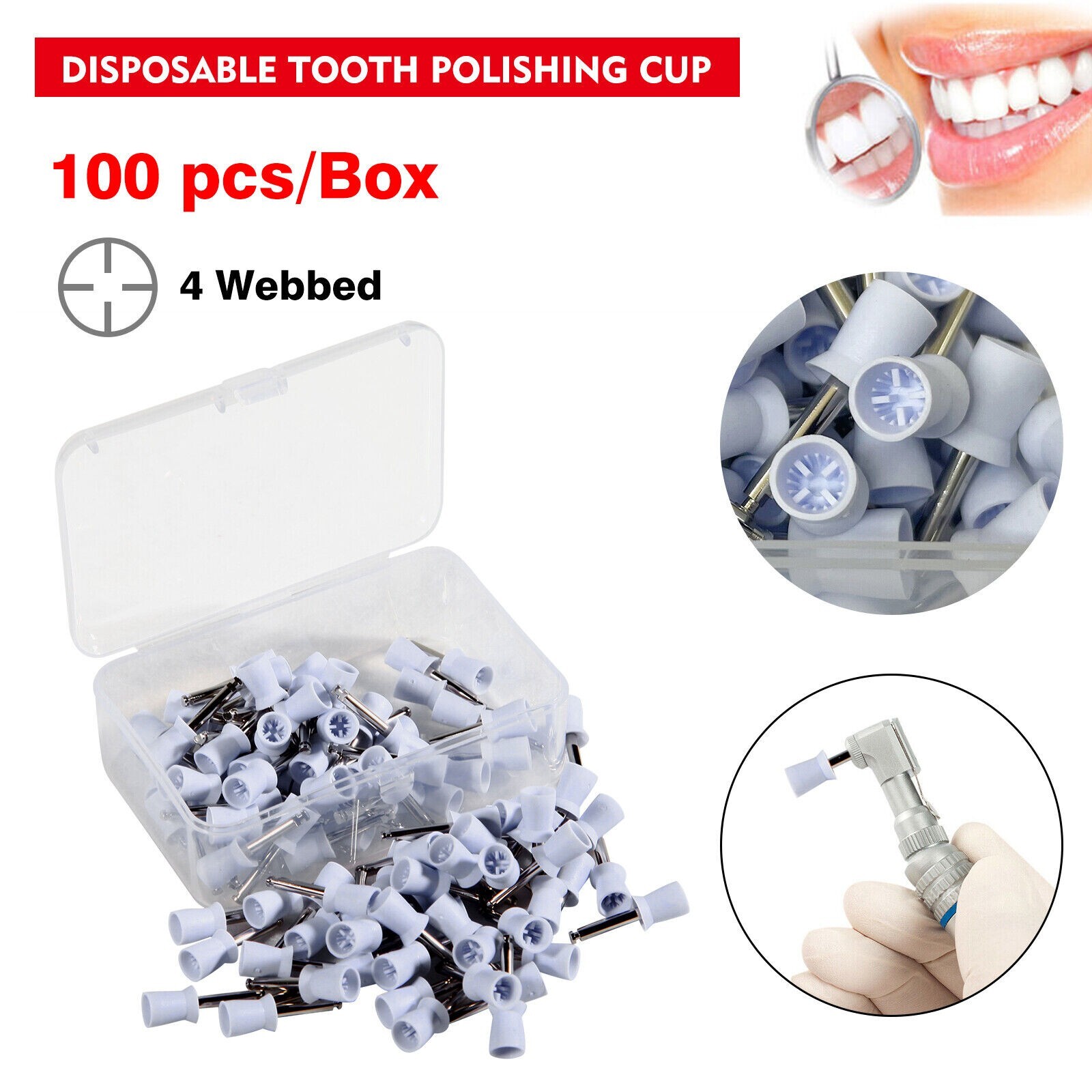 100Pcs Dental Prophy Polishing Cups Rubber Teeth Brush Latch Type White 4 Webbed