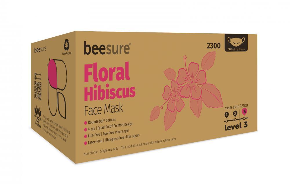 Cranberry 2300 BeeSure Earloop ASTM Level 3 Face Masks Hibiscus Floral Pink 50Bx