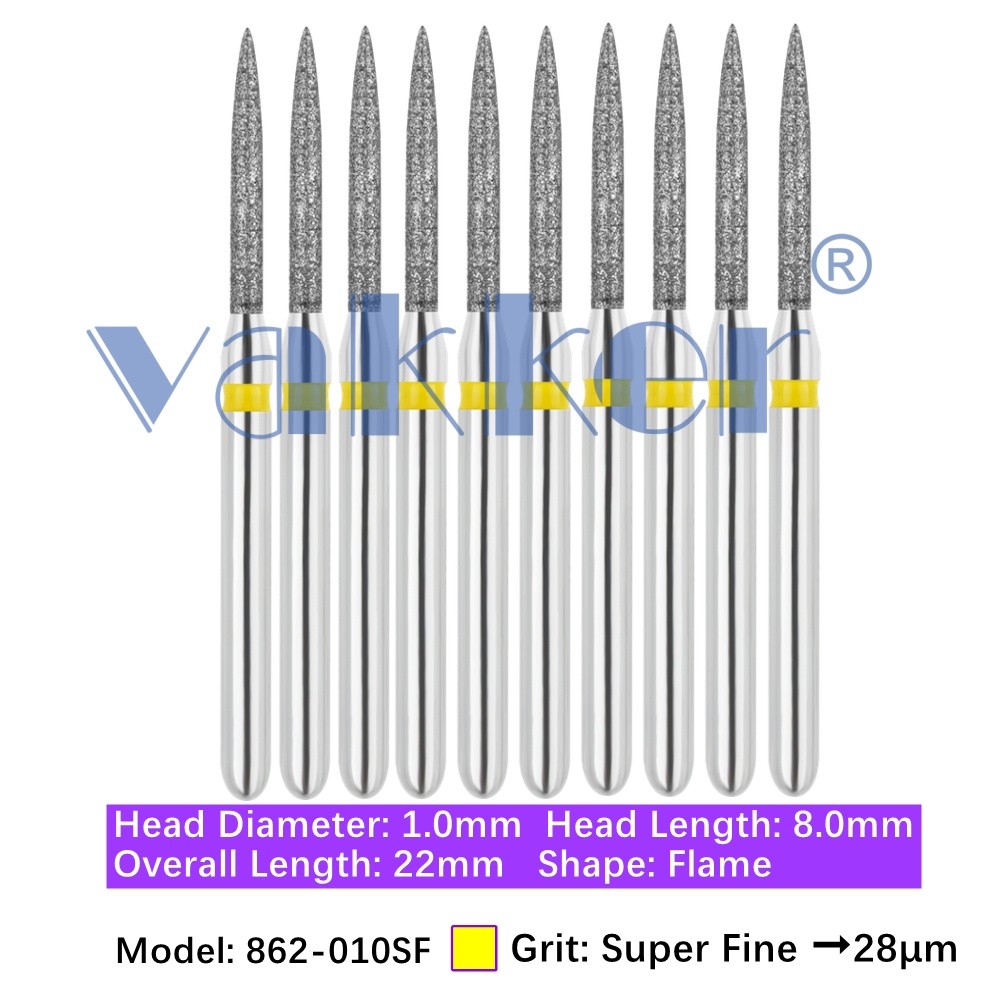 10/pk Vakker Dental Flame Diamond Burs 862-010SF Friction Grip Super Fine Grit