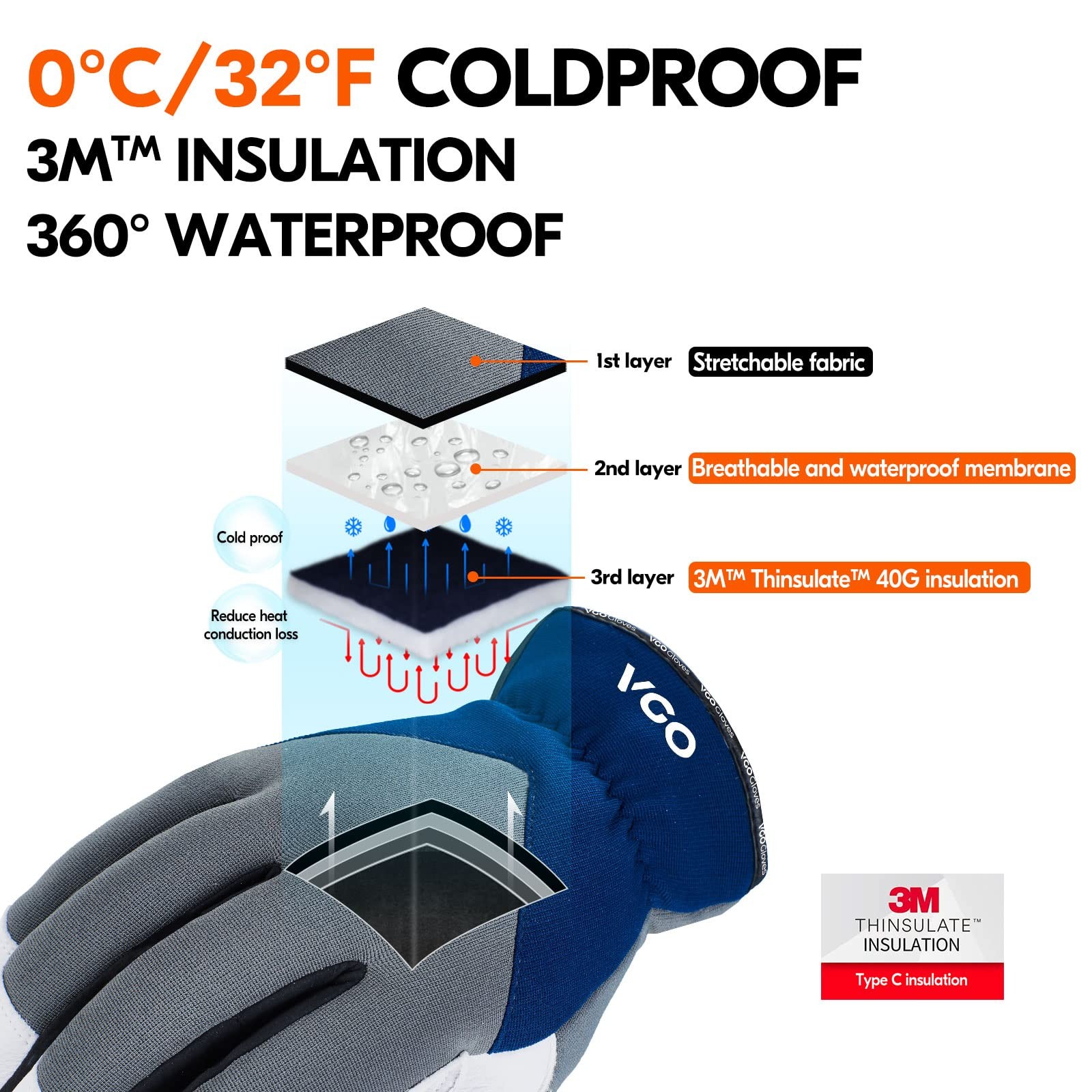 Vgo… 1Pair 0/32F Winter Leather Work Gloves Cold Weather Waterproof Safety