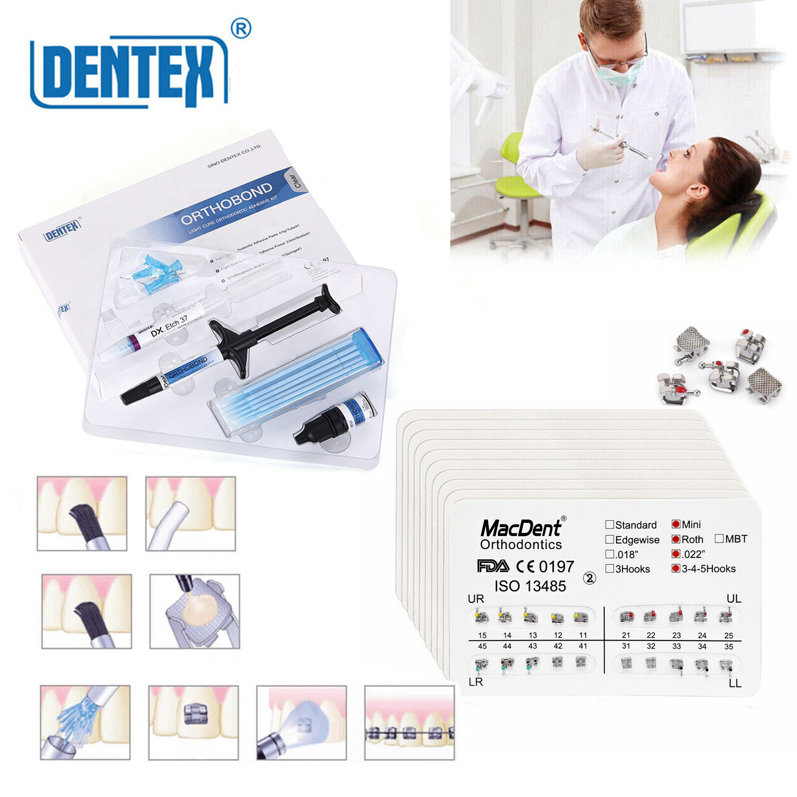 200Pc Dental Orthodontic Brackets Braces Mini Roth.022/Light Cure Adhesive Kit
