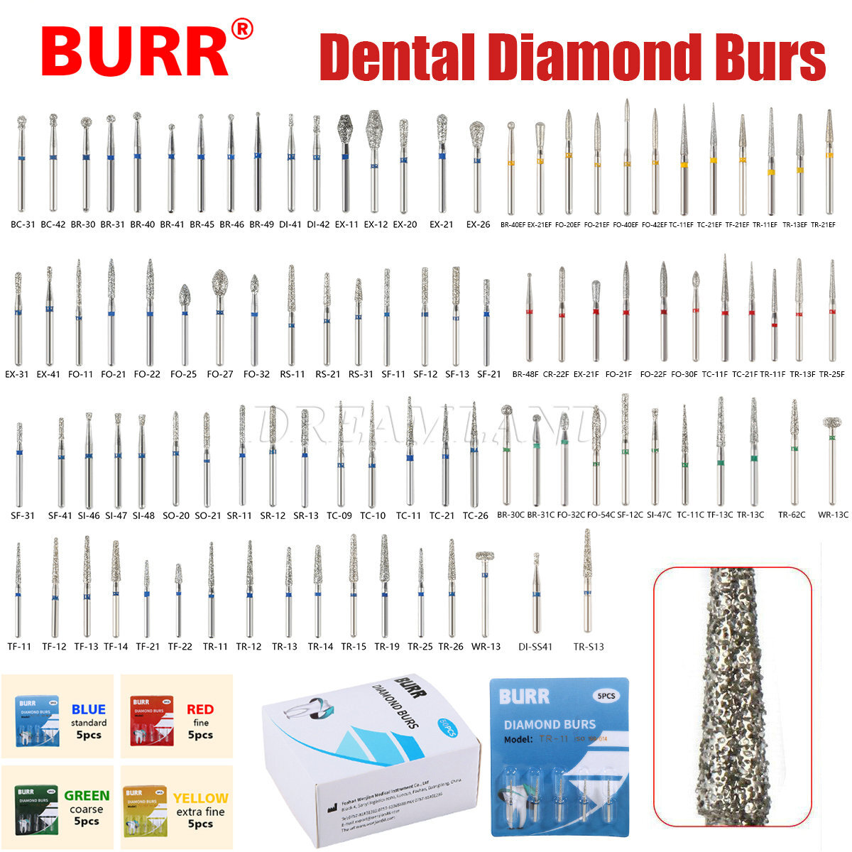 Dental Diamond Burs For High Speed Handpiece Friction Grip 5Pcs/Box CE FDA
