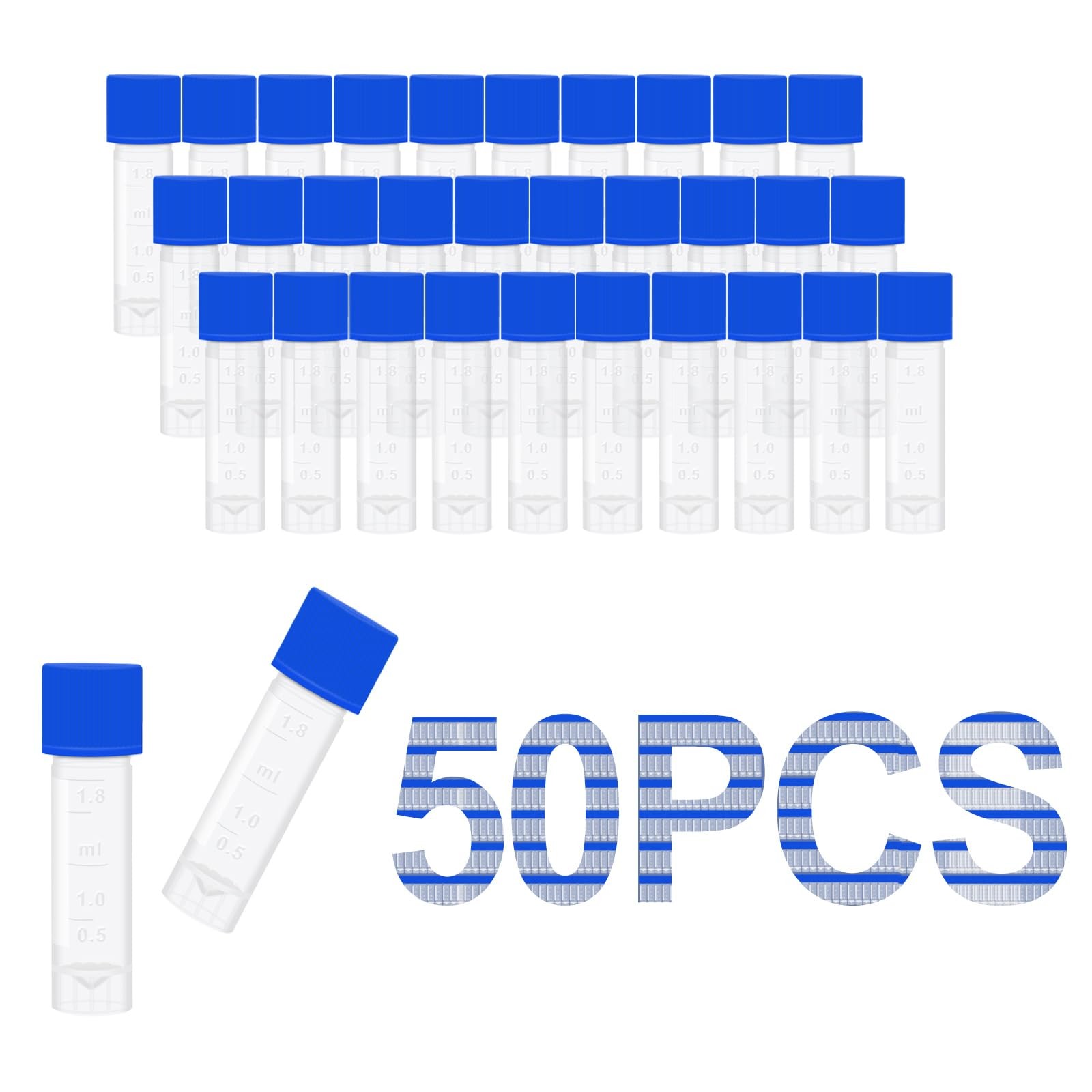 50 PCS 2ml Small Plastic Cryogenic Sample Vials Leak Proof Caps SelfStand