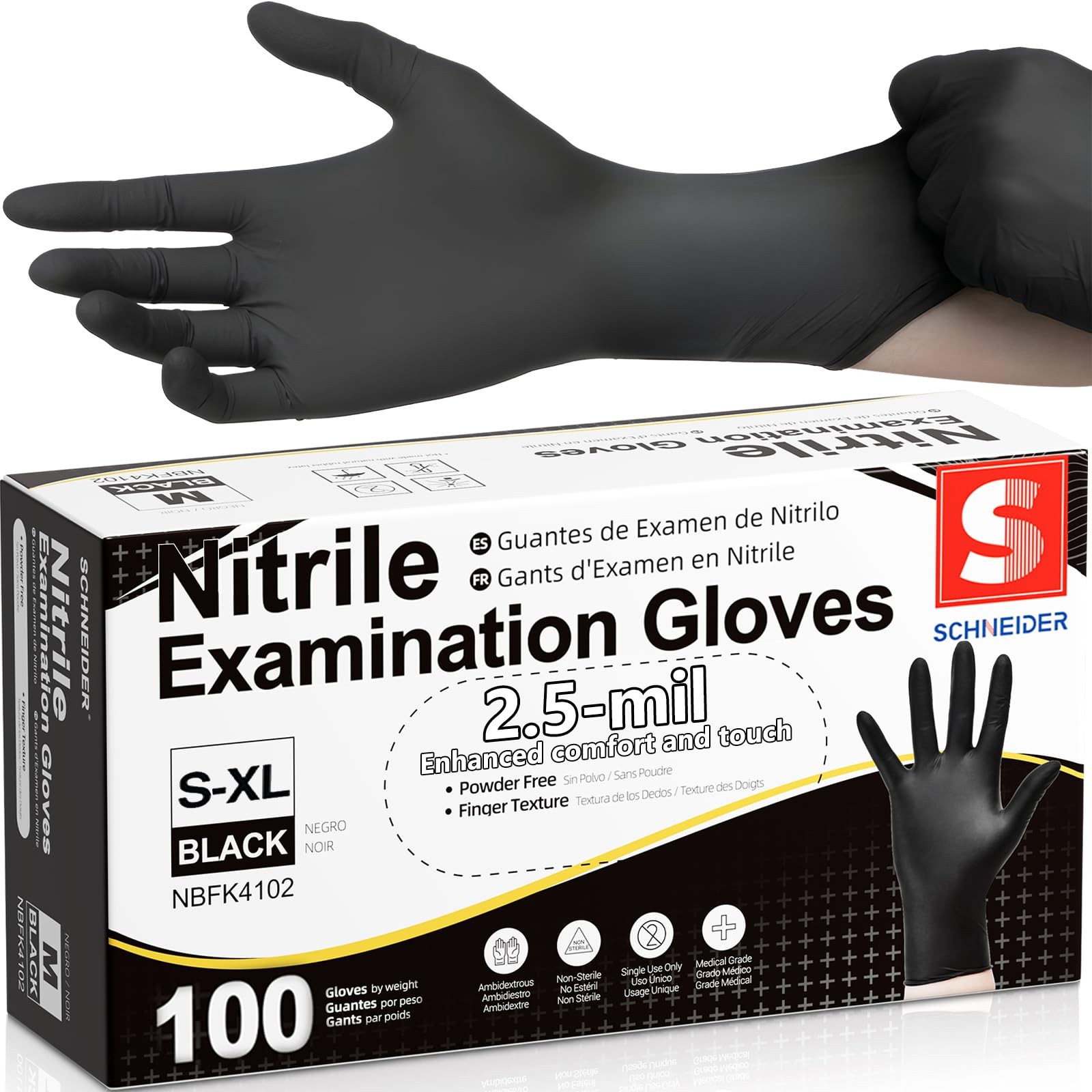 Schneider Black Nitrile Exam Gloves, Box of 100, Medium, 02 Black(medium 100)