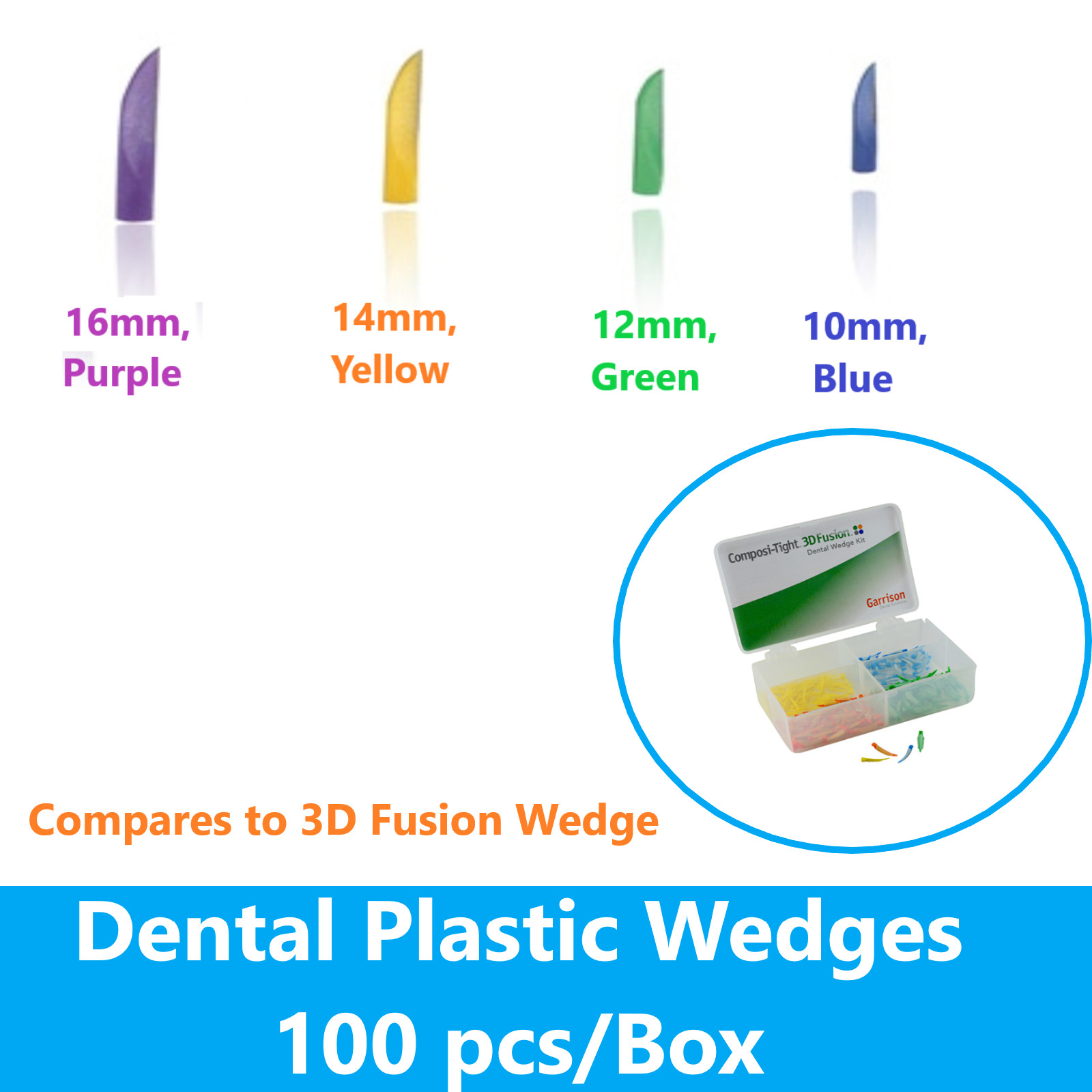Dental Plastic Wedges – 100 pcs, Yellow 14mm, Purple 16mm, Blue 10mm, Green 12mm
