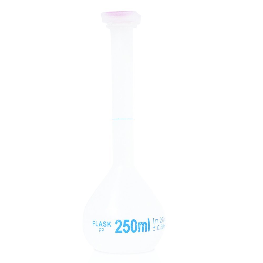 250ml Graduated Volumetric Flask, PP with Plug Cap. Karter Scientific 229X4