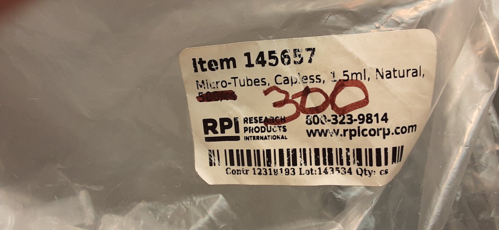 RPI 1.5 ml Micro Centrifuge Tubes , Capless, Natural (Bag of 300) 145657