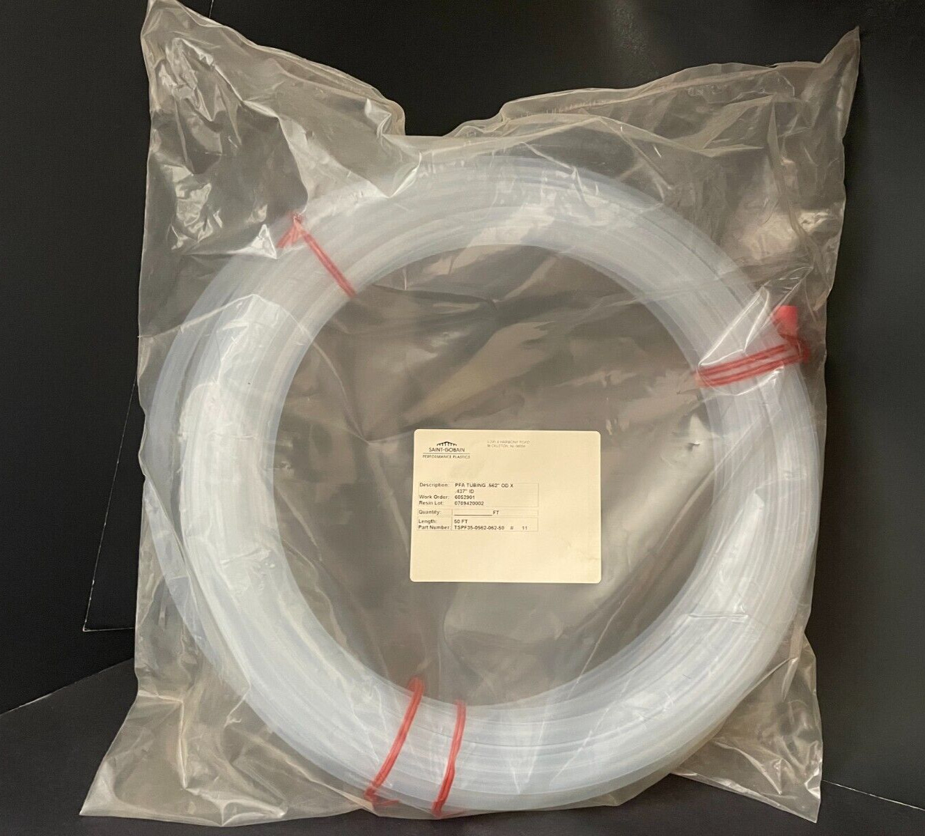 PFA LAB TUBING .562″ OD x .437″ ID x 50′ (9/16″ x 7/16″) Saint-Gobain SEALED NOS