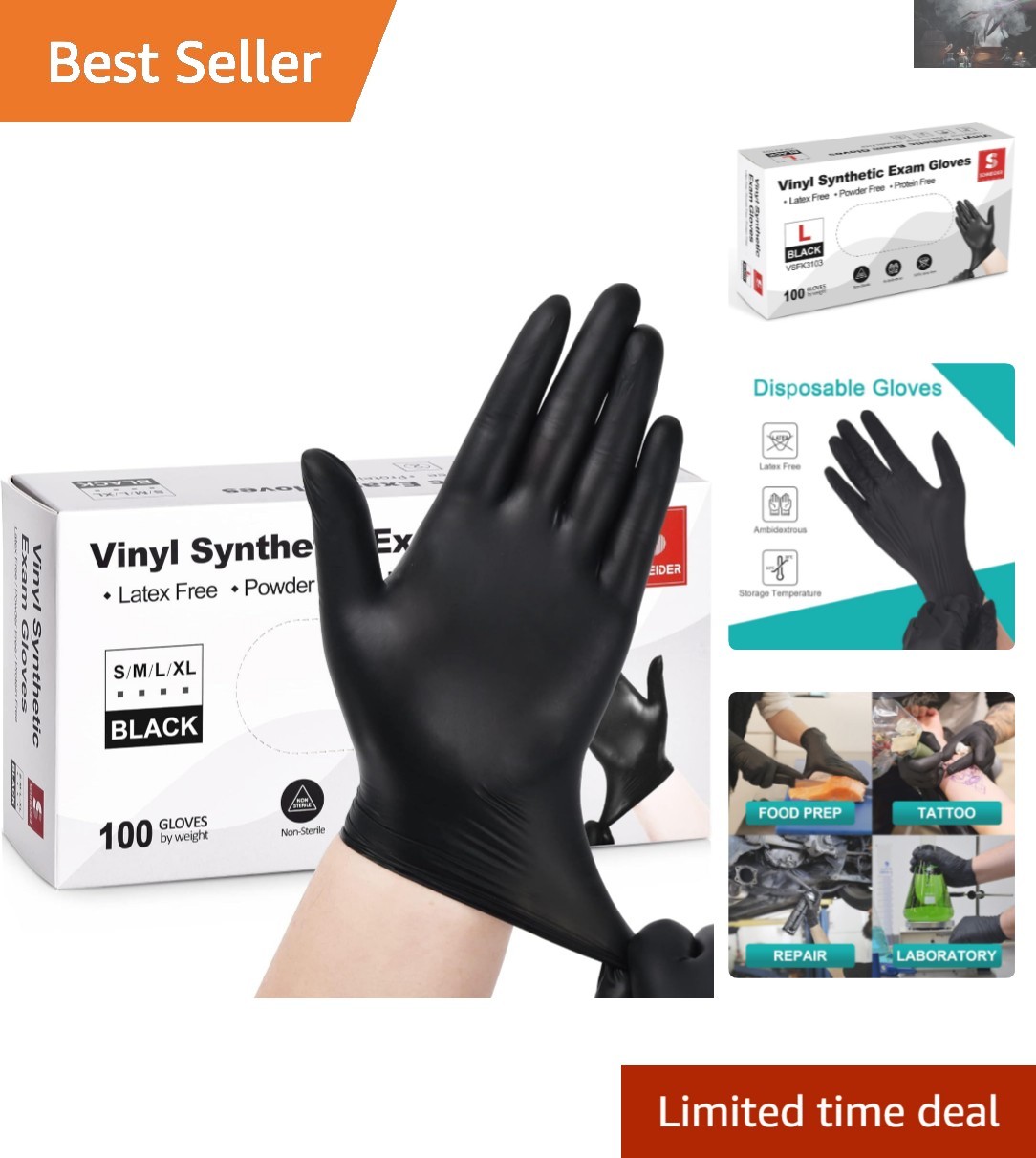 Black Vinyl Exam Gloves – 4 Mil Thickness, Latex-Free, Versatile Large 100 Count