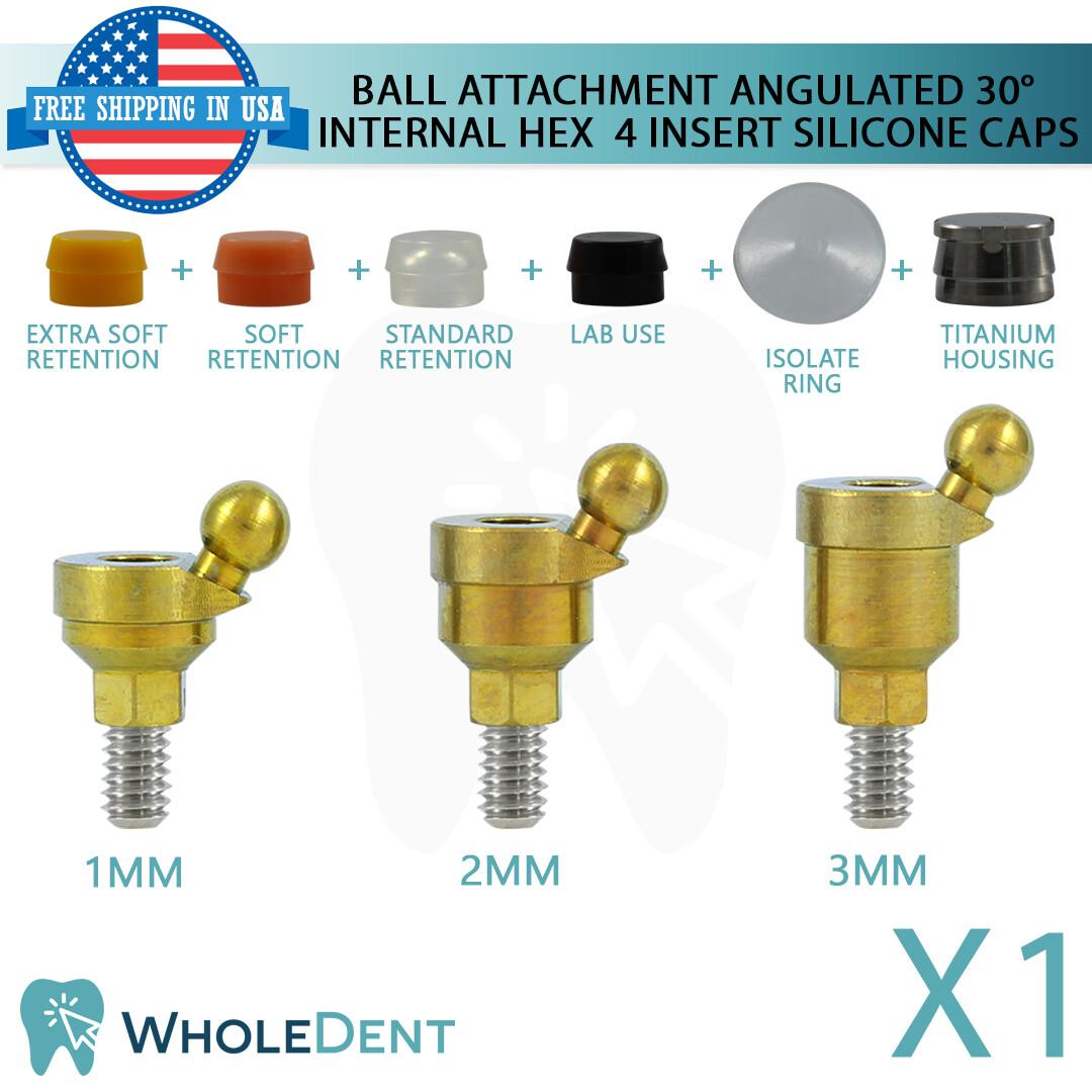 Angulated Ball Attachment 30° 4 Insert Silicone Caps Dental Implant Int Hex
