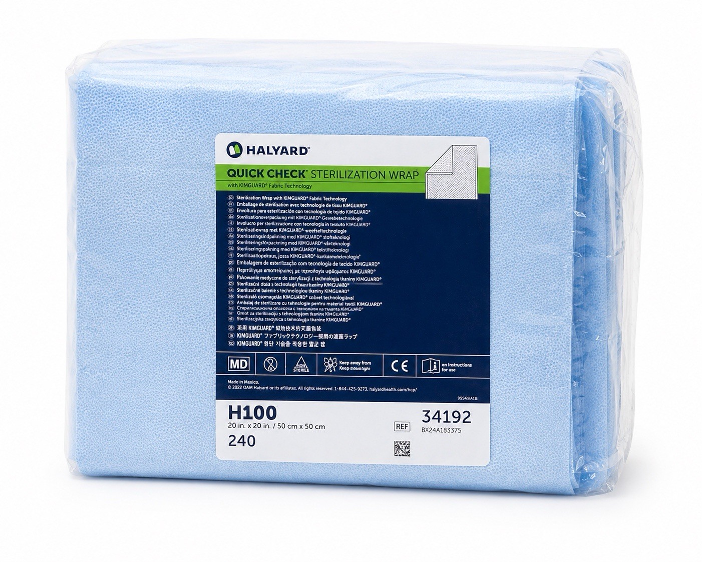 HALYARD Quick Check Sterilization Wrap H100 20”x20” REF 34192 Case of 480