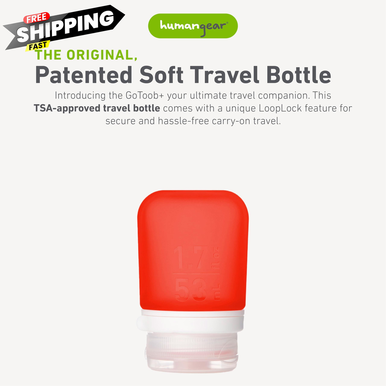 humangear GoToob+ (Small) | Refillable Silicone Travel Bottle 1.7 Ounces, Red