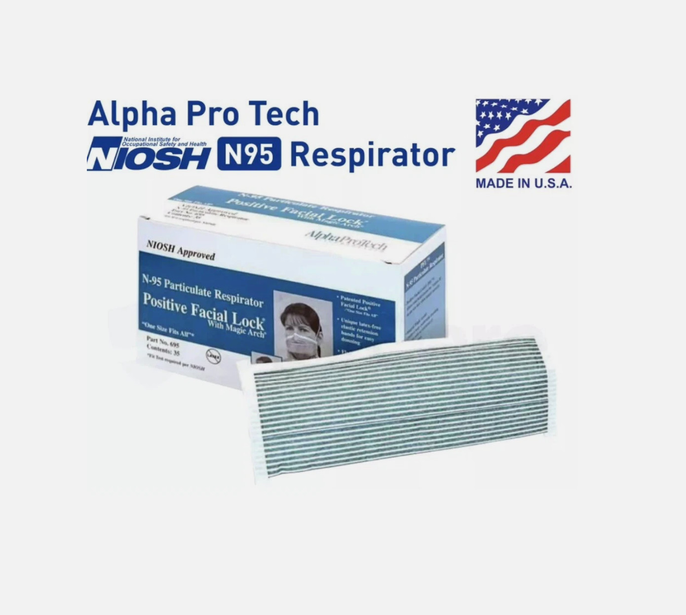 Alpha Protech N95 respirator NIOSH approved – Box of 35 Face Masks – Made in USA