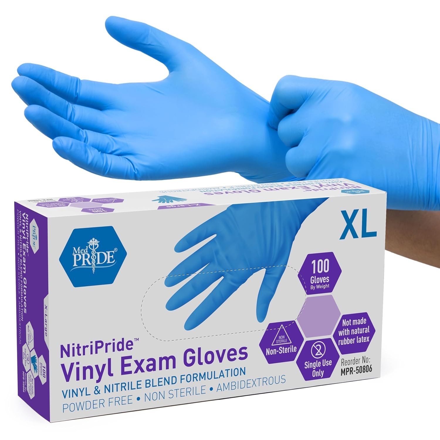 Blue Nitrile/Vinyl Blend Exam Gloves, Latex-Free & Hypoallergenic – Box of 100