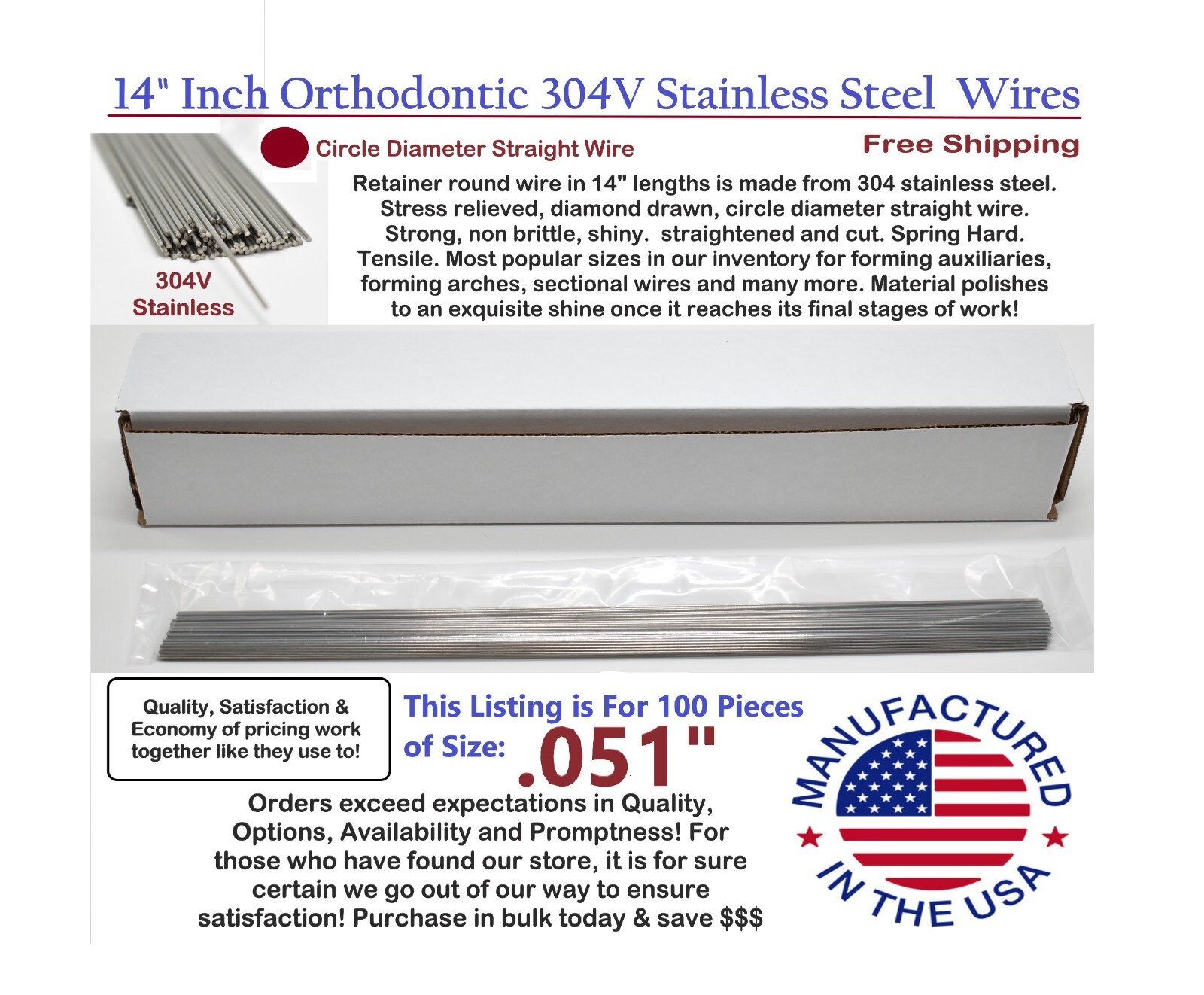 Orthodontic Stainless Steel Straight Lengths .051″ Wire SS 14» Lengths 100 Pack