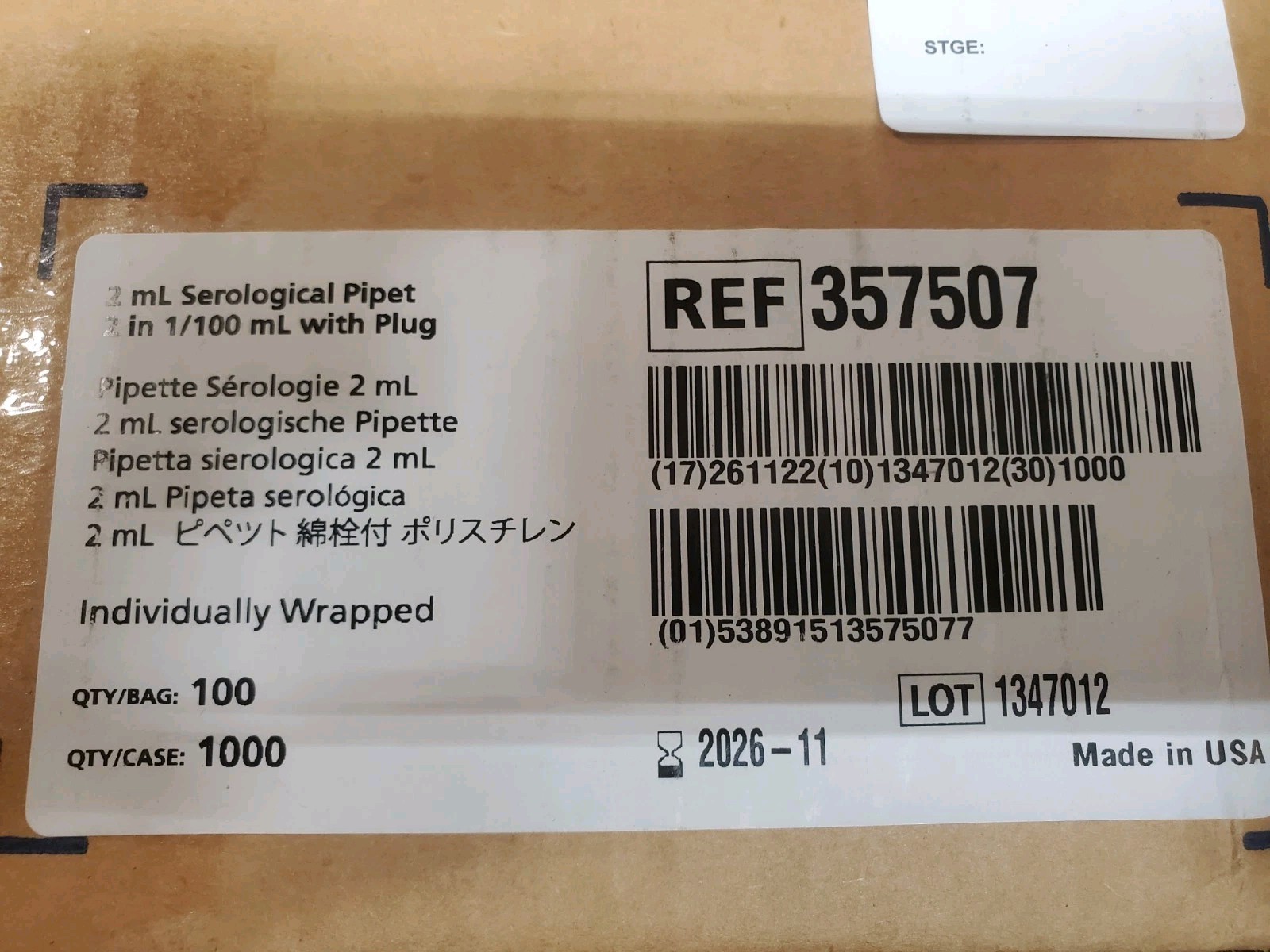 Corning Falcon REF 357507 Serological 2mL Pipet 2 in 1/100mL w/Plug 1000/Cs NEW