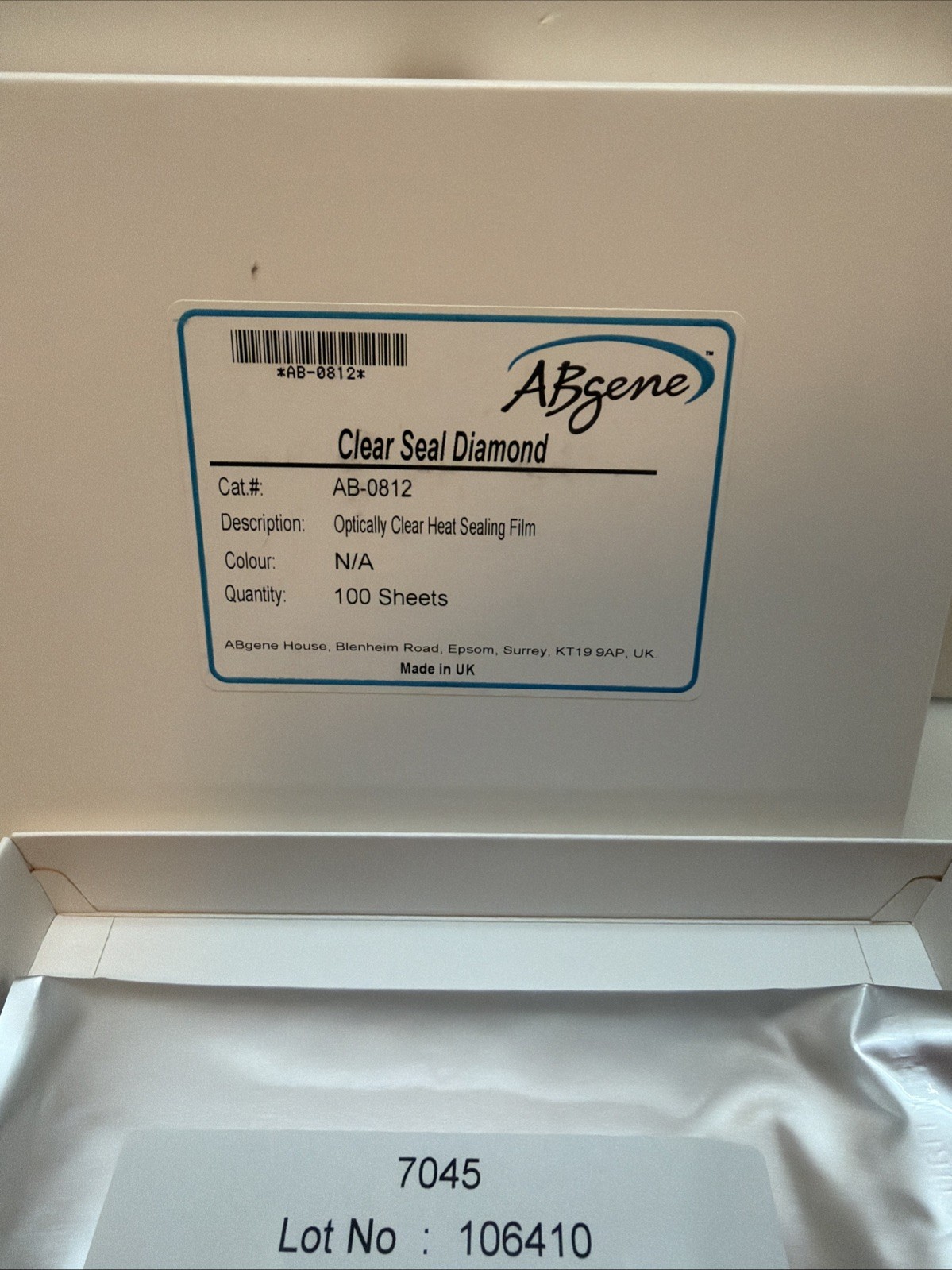 Optical Clear Sealing Film For Thermo Sealer 100 Sheets Abgene AB-0812 Diamond