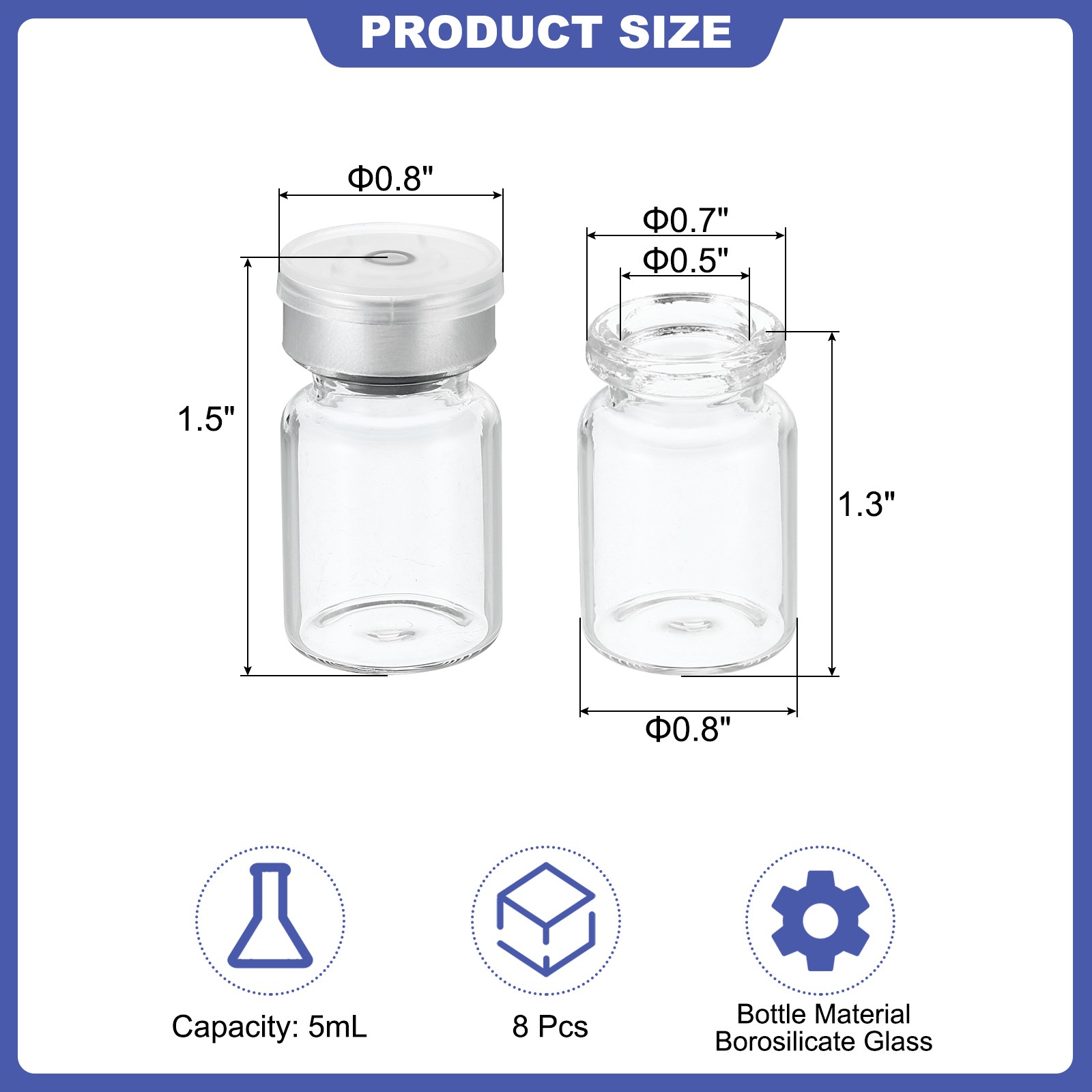5ml Sample Vials, 8 Pack Lab Empty Vials Borosilicate Glass Vial, Transparent
