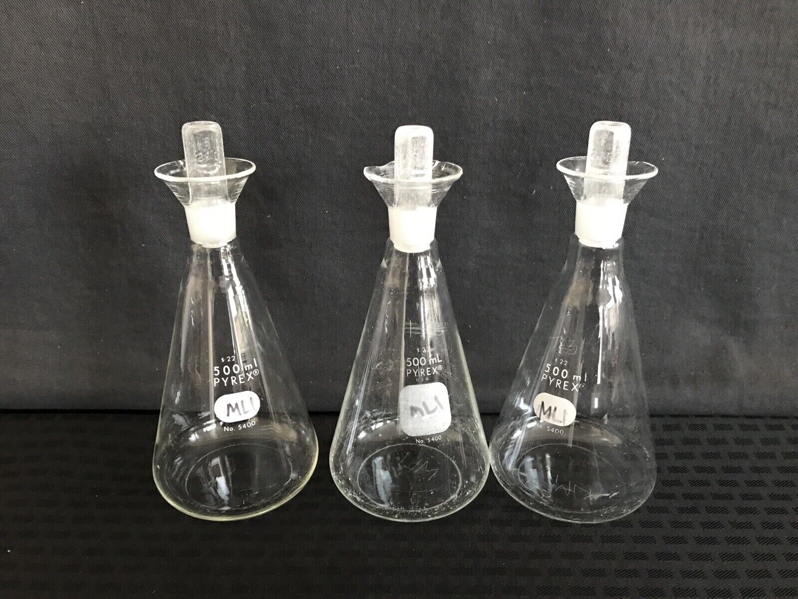 (3) CORNING PYREX 500mL Glass Determination Erlenmeyer Flask w/ #22I Std Stpr B