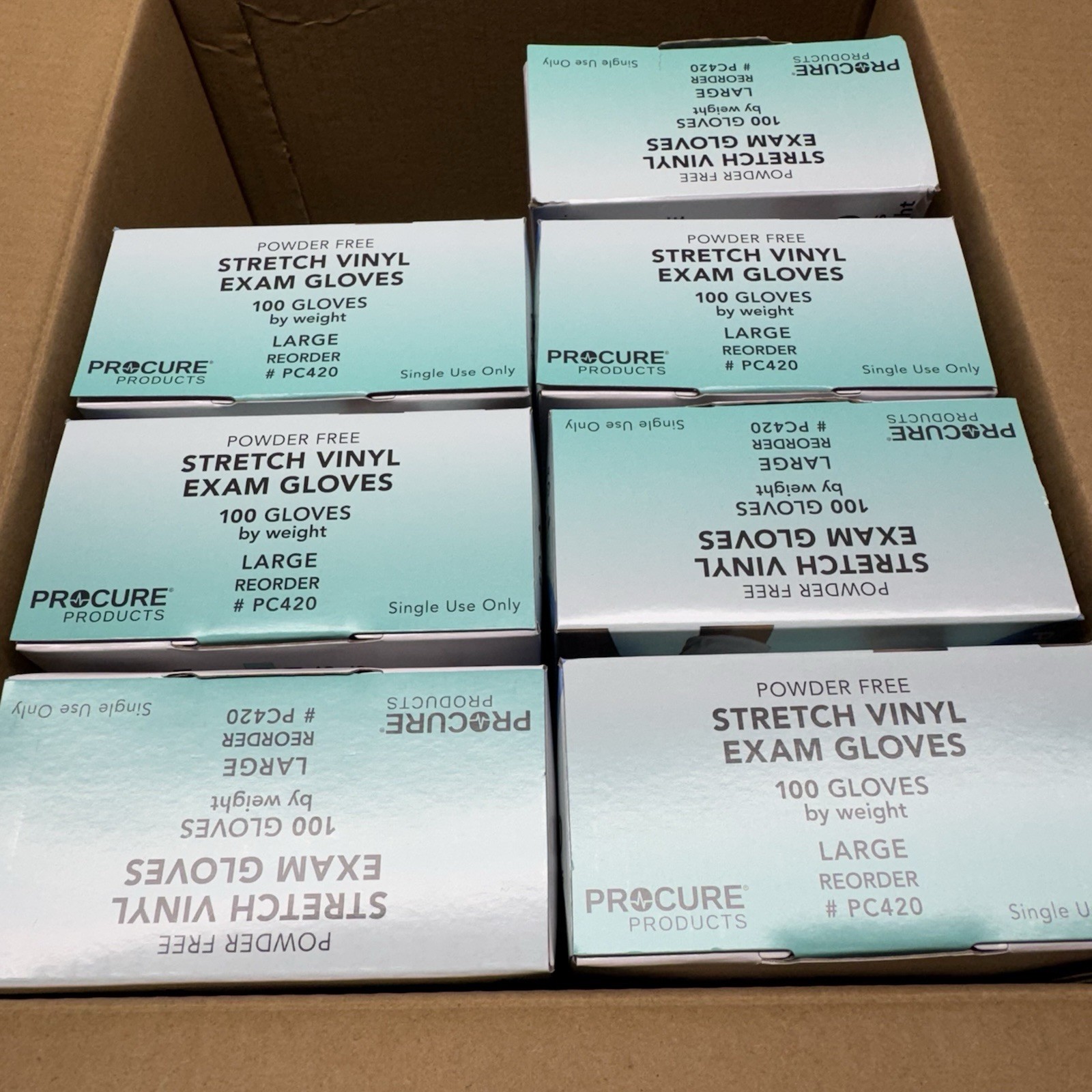 PROCURE Powder Free Vinyl Exam Gloves 700 Ct. Total (7 Boxes ~ 100 Pcs) Large
