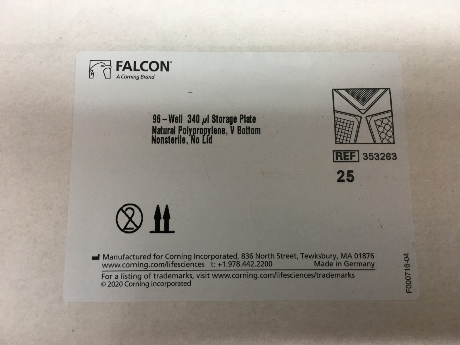 Corning Falcon REF 353263 96-well Clear V-Bottom Storage Microplate 340uL