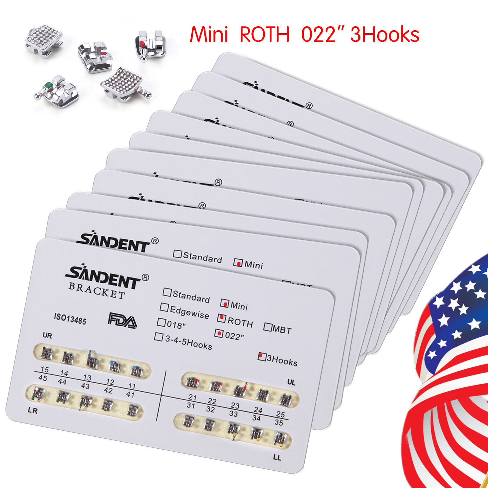 10 packs USA Dental Orthodontic Metal Bracket Braces Mini Roth 022 Slot 3 Hooks