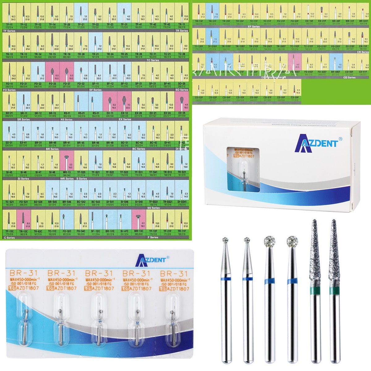 AZDENT Dental Diamond Burs FG For High Speed Handpiece Friction Grip 100 Models