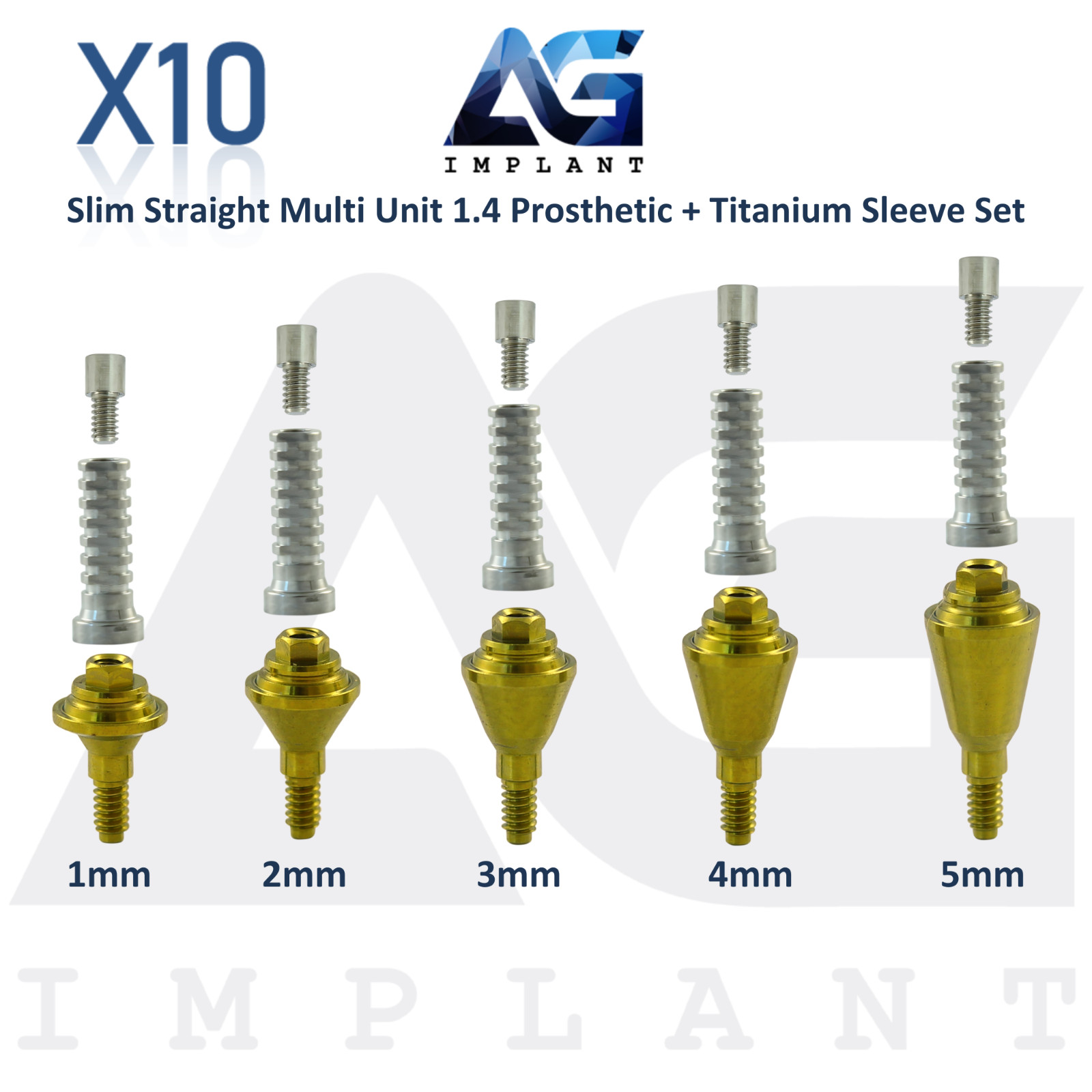10 Straight Multi Unit 1.4 Prosthetic Titanium Sleeve Set Slim Int Hex 2.0mm