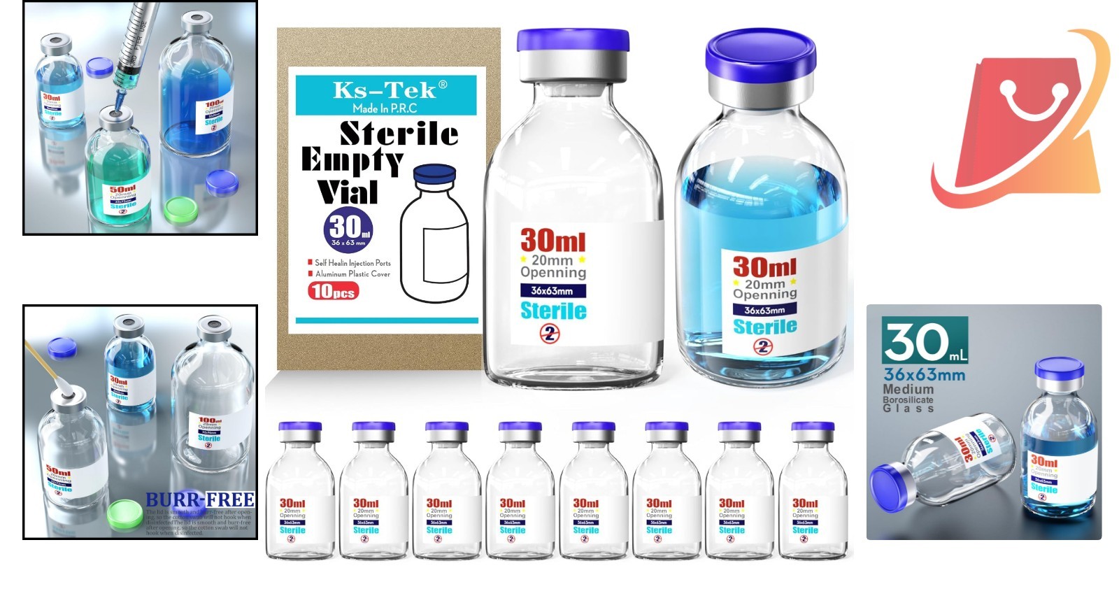 Sterile Glass Vials with Aluminum Cap 30ml Laboratory Use 10 Pack