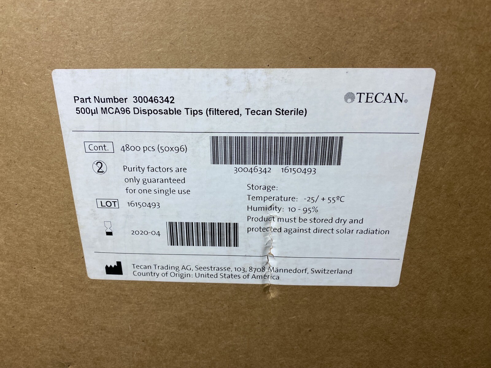 TECAN 500µL Disposable Filtered MCA96 ANSI Format Pipette Tips 30046342(4800/cs)