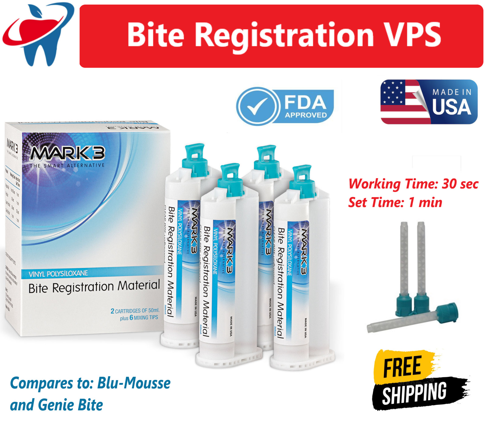 Dental VPS Bite Registration Material FAST SET, REGULAR, 50ml cartridge Or Tips