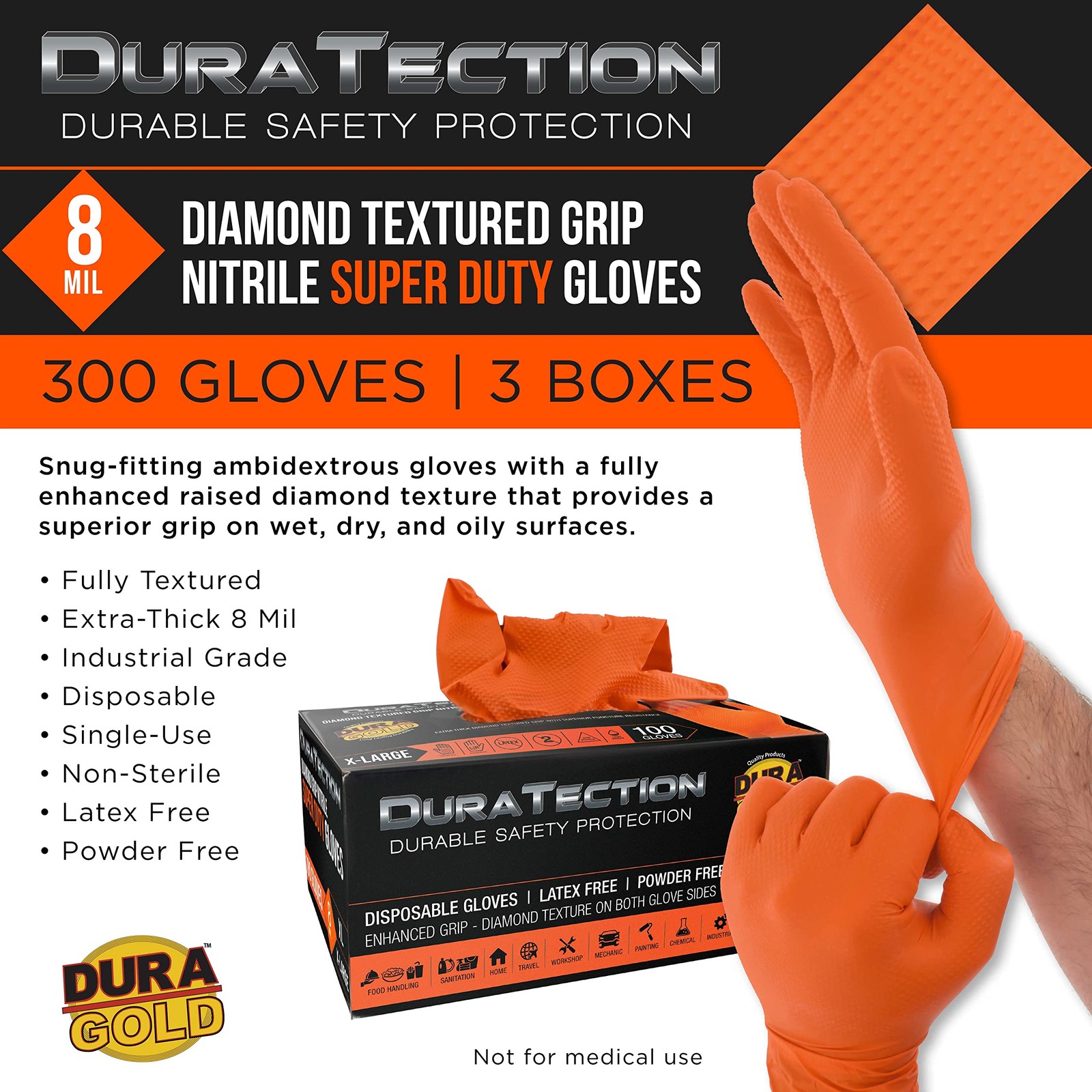 Dura-Gold Duratection 8 Mil Orange Super Duty Diamond Textured Nitrile