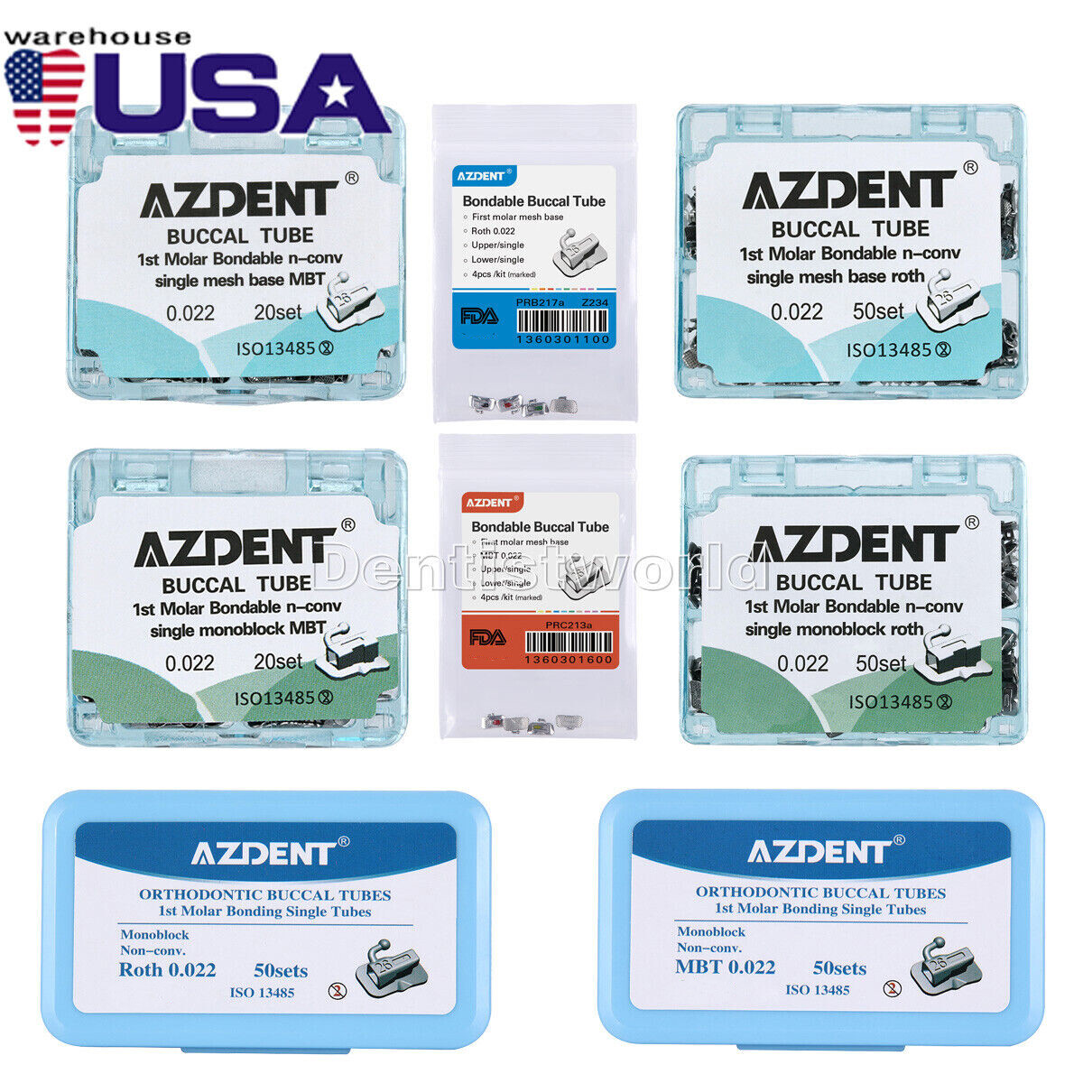 AZDENT Dental Orthodontic Buccal Tubes 1st/2nd Molar Roth/MBT 0.018/022 Bondable