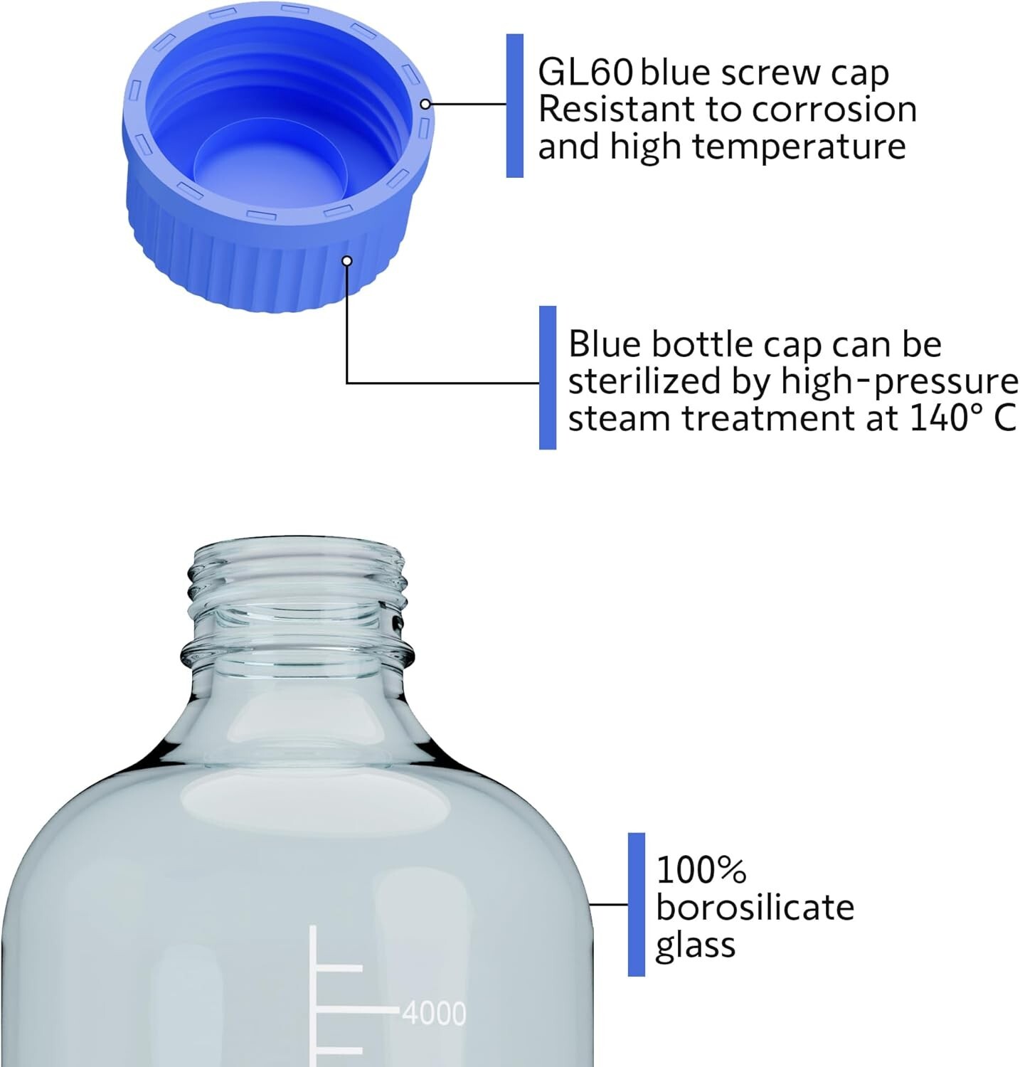5000ml Glass Round Media Storage Bottles with GL45 Screw Cap, Borosilicate Glass