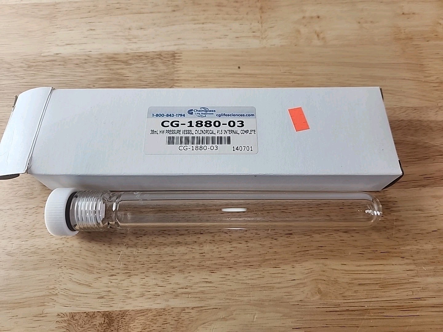 CHEMGLASS 38mL HW Cylindrical Pressure Vessel W #15 Bushing O-Ring CG-1880-03