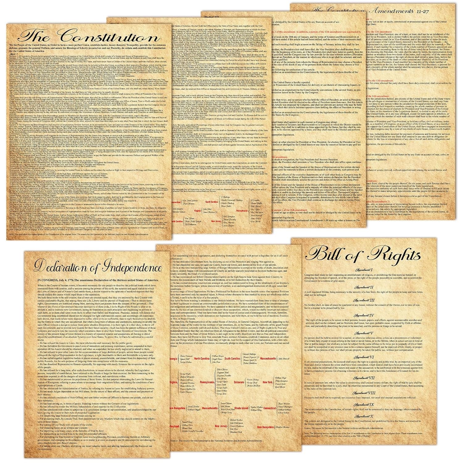 US Constitution Poster with All Amendments and Founding Documents Print