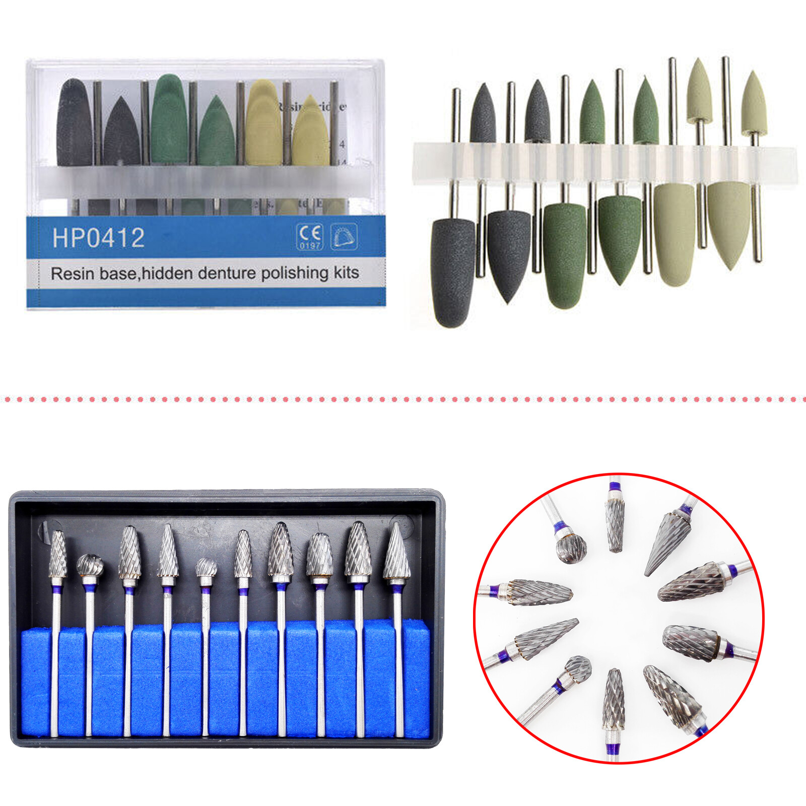 Dental Diamond Burs Cups Composite Polishing Burs Kit RA HP FG Shank Type