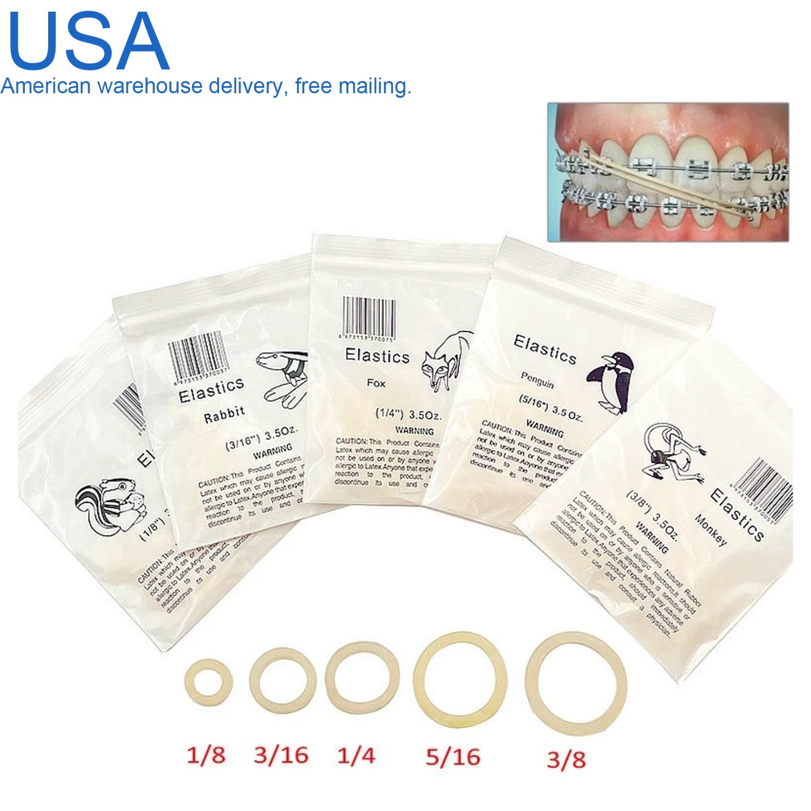 US Dental Ortho Elastics Latex Braces Orthodontic Rubber Bands 3.5/5.0/6.5 OZ