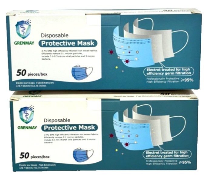 100 Grenmay 3-PLY SMS High Efficiency Disposable Face Mask Non-Woven Fabrics