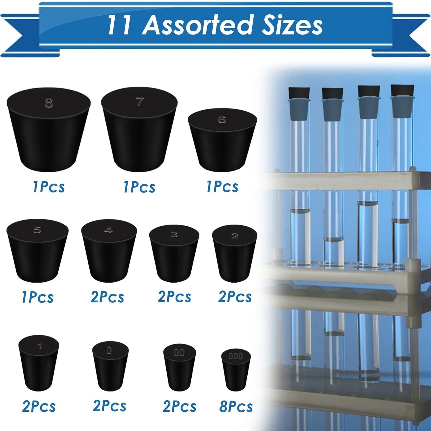24Pcs Professional Rubber Stoppers – 11 Assorted Sizes for Lab & Industry