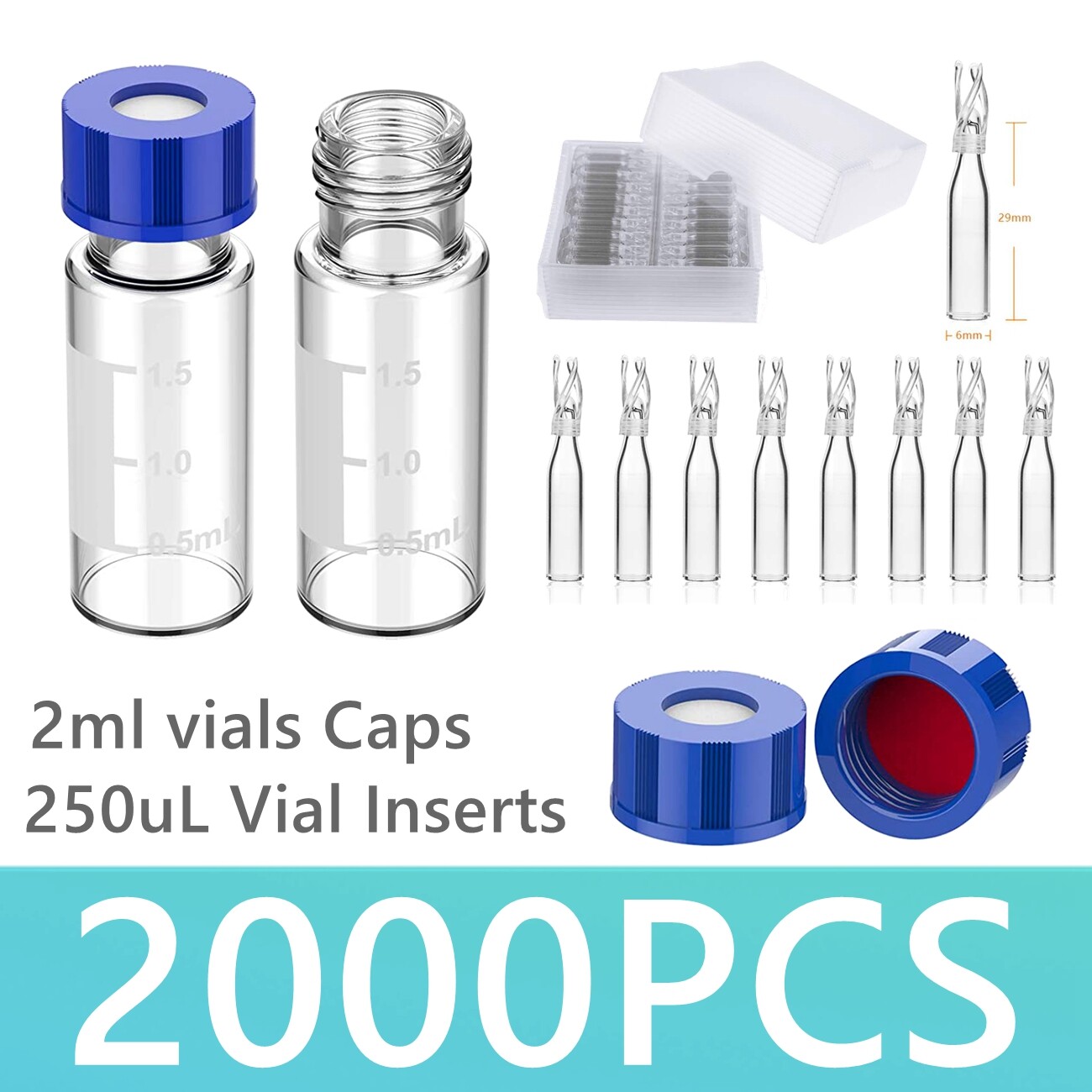 2000X 2ml Autosampler HPLC Vials 9-425 Thread Caps PTFE Septa 250ul Vial Inserts