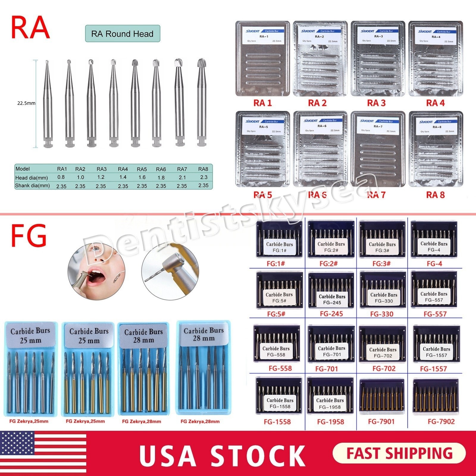 Dental Tungsten Carbide Steel Burs Drills for High/Low Speed Handpiece FG RA HP