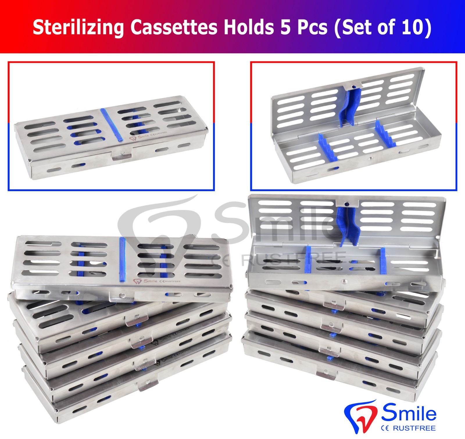 10X Sterilization Cassette Rack Tray Holds 5 Dental Surgical Instruments FDA CE