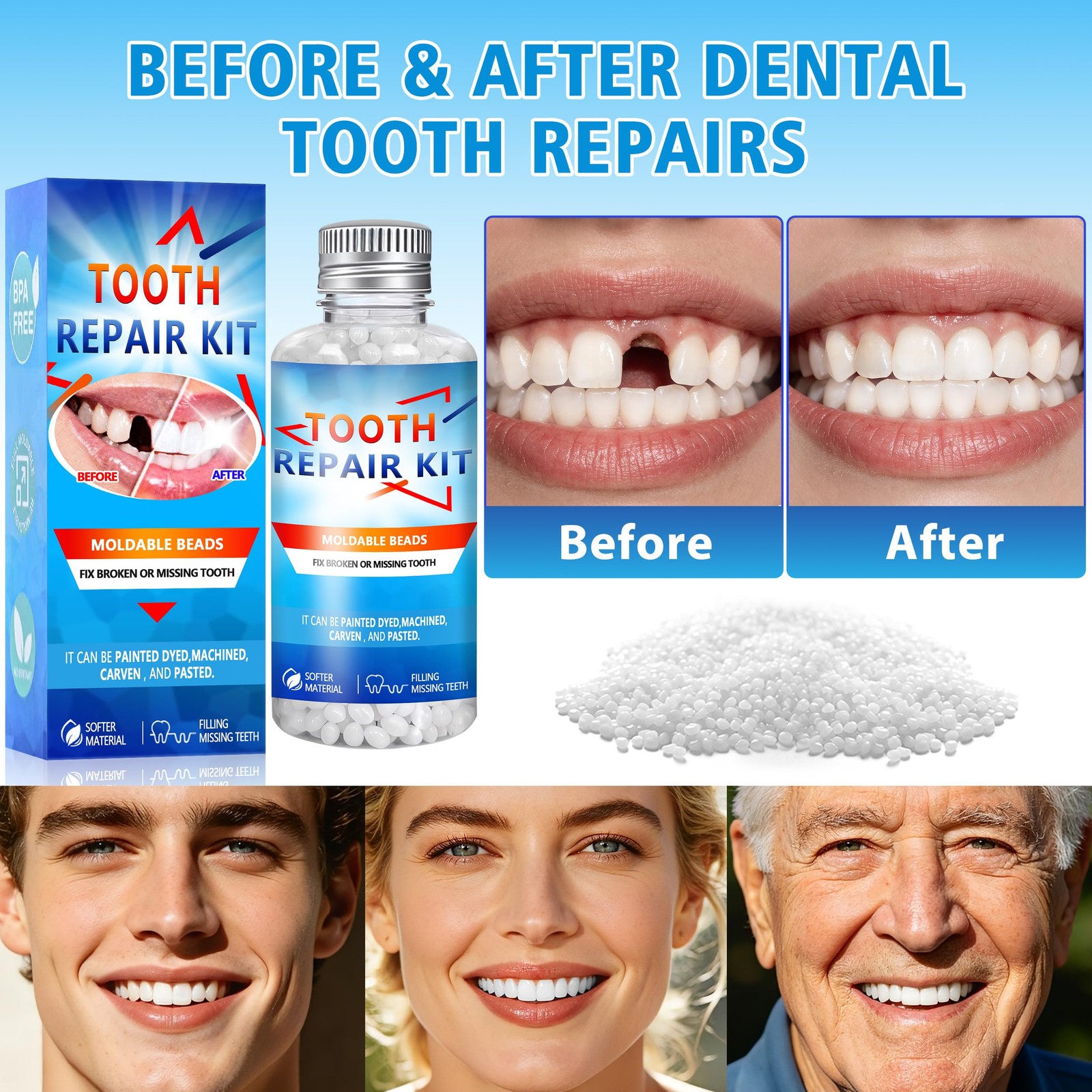 Tooth Repair Kit, Moldable False Teeth Beads, DIY Temporary 30ML, Off White
